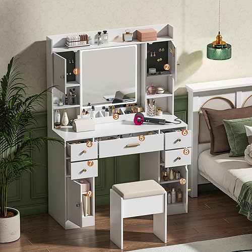 Miniatura 5 de wanan Escritorio de maquillaje con luces y espejo, tocador blanco moderno de 41.3 pulgadas con 5 cajones y toma de corriente, modo de iluminación de
