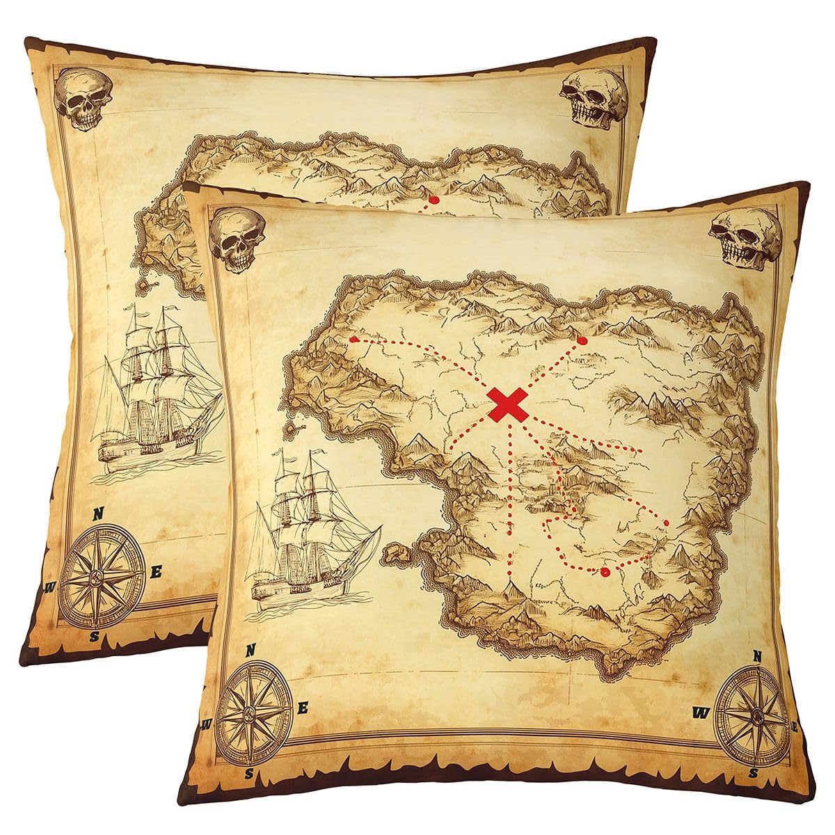 Feelyou Set of 2 Nautical Island Map Throw Pillow Covers, Old Map Pirate Ship Cushion Case for Home Living Room Decor, Reversible Ocean Skull