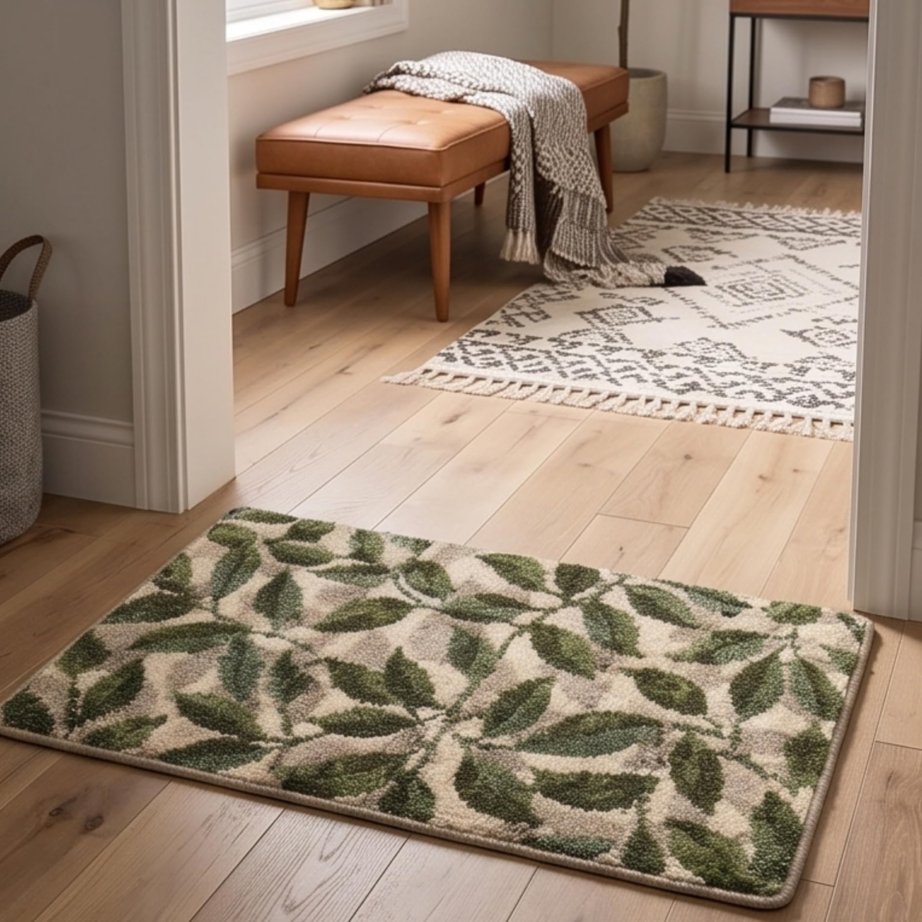 Door Mat with Green Leaf Pattern, Beige and Green | Non-Slip Backing, Entryway Mat-image-5