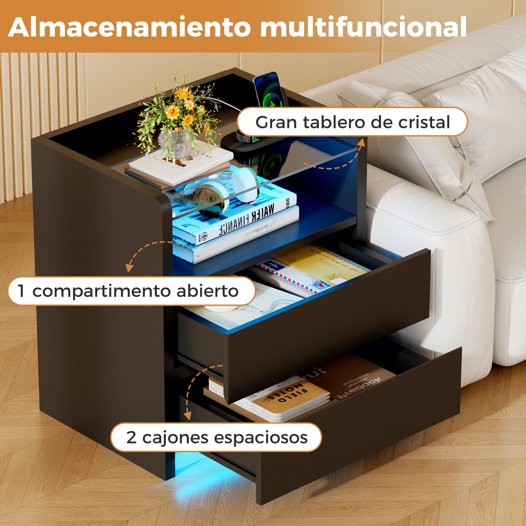 ANWBROAD Juego de 2 Mesitas de Noche con Enchufes Integrado y LED Luces, Mesilla de Noche con Tapa de Vidrio, Mesa Auxiliar con 1 Compartimento Abierto y 2 Cajones,para Salón,Dormitorio,Negro BNS001B