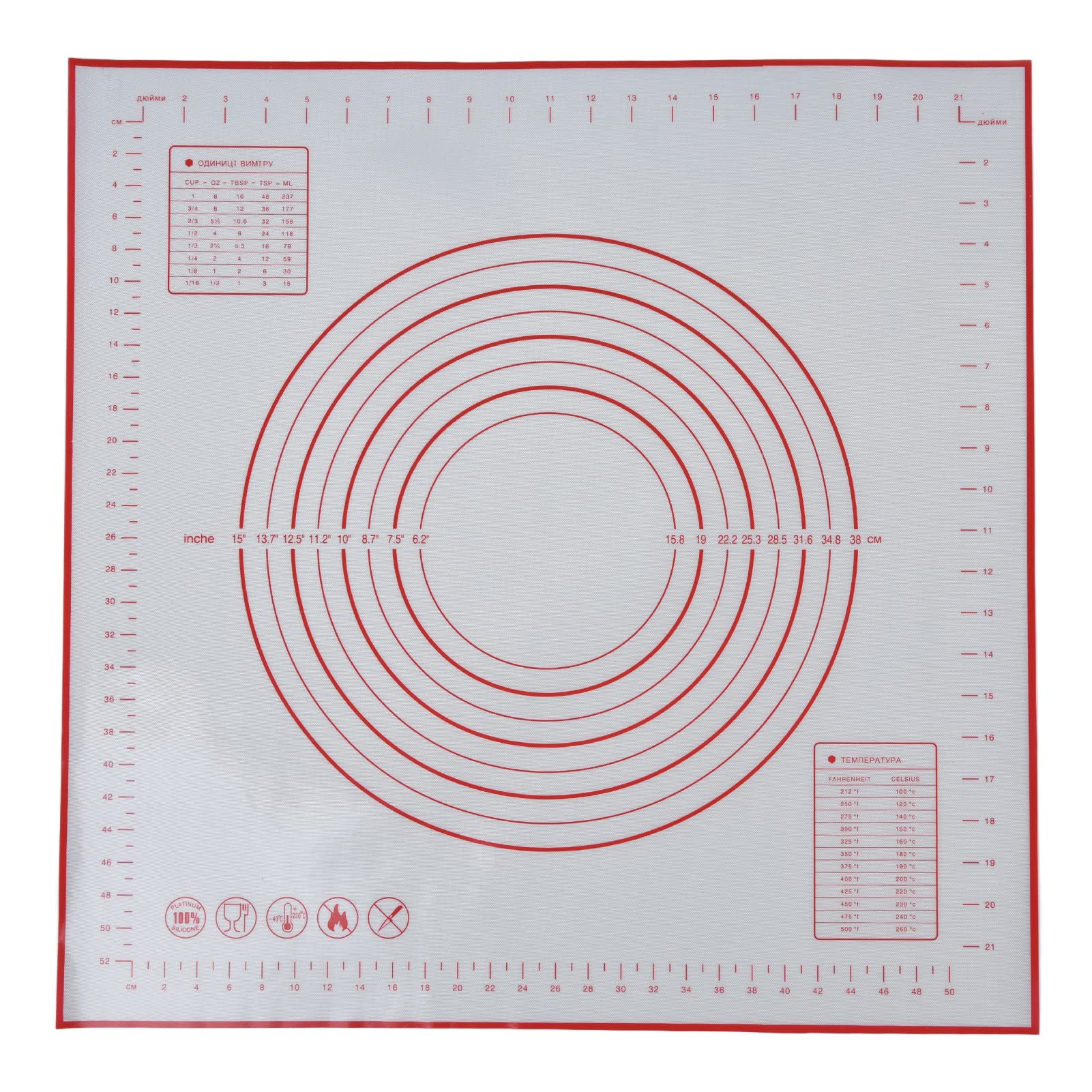 Tapis De Pâtisserie en Silicone Tapis De Fondant Antidérapant Tapis De Cuisson avec Tapis De Pâte De Mesure pour la Cuisson de la Pâte à Rouler 60 X 60 Cm/23,6 X 23,6 Pouces(Rouge)