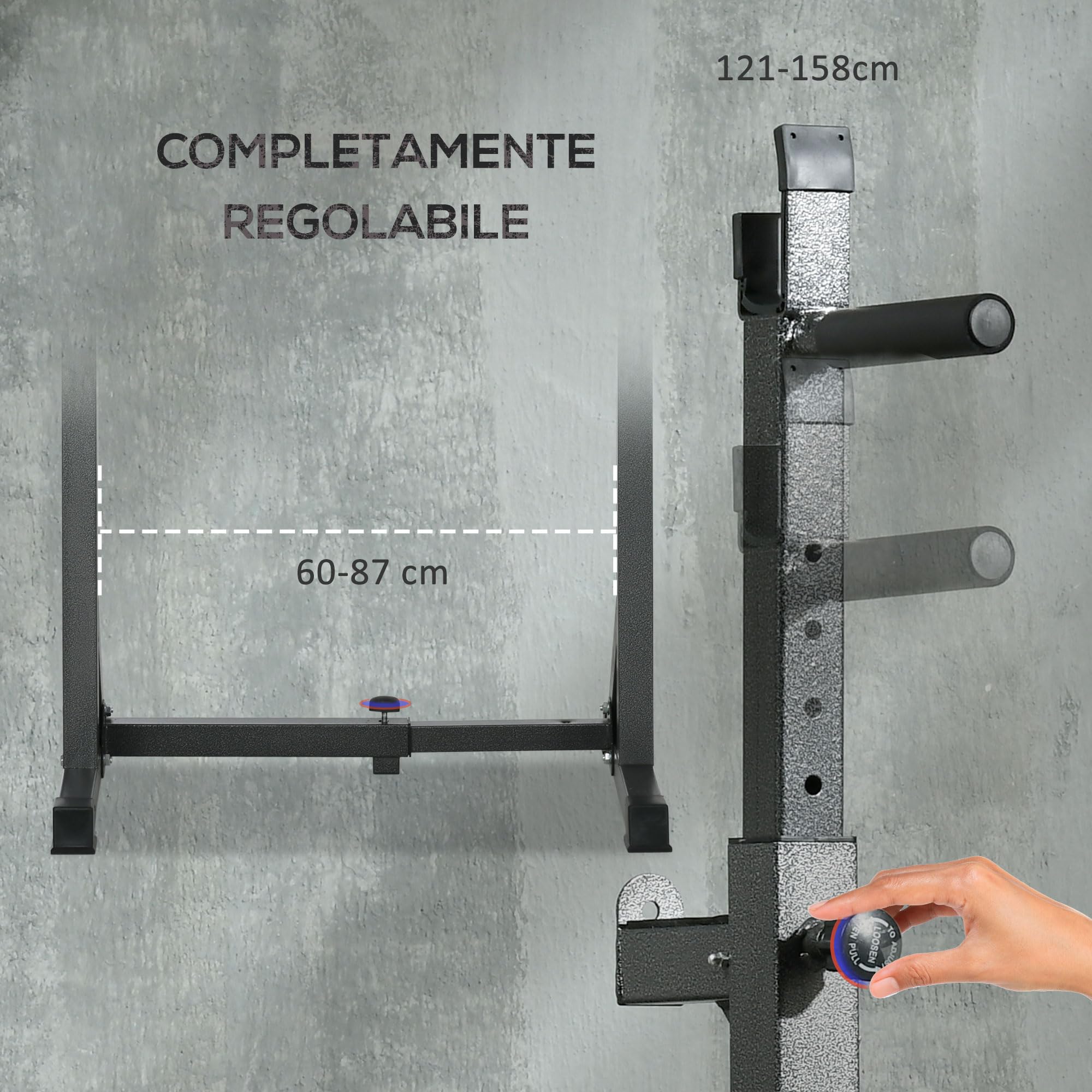 SPORTNOW Supporto per Bilanciere Rack Bilanciere 60-87x65x121-158cm Nero | Altezza e Larghezza Regolabili, in Acciaio ed EVA, Rack Palestra, Carico Massimo 150kg