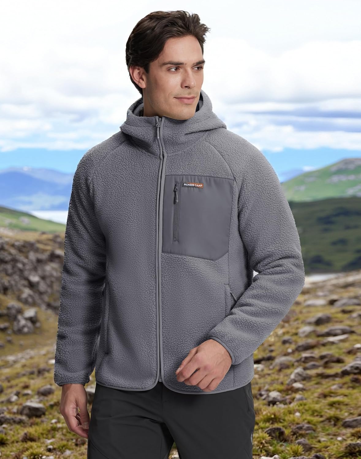 Pioneer Camp Men's Sherpa Fleece Full Zip Up Jacket with Hood Chest Pocket Winter Warm Thick Outwear Coat Hiking Climbing - Image 3