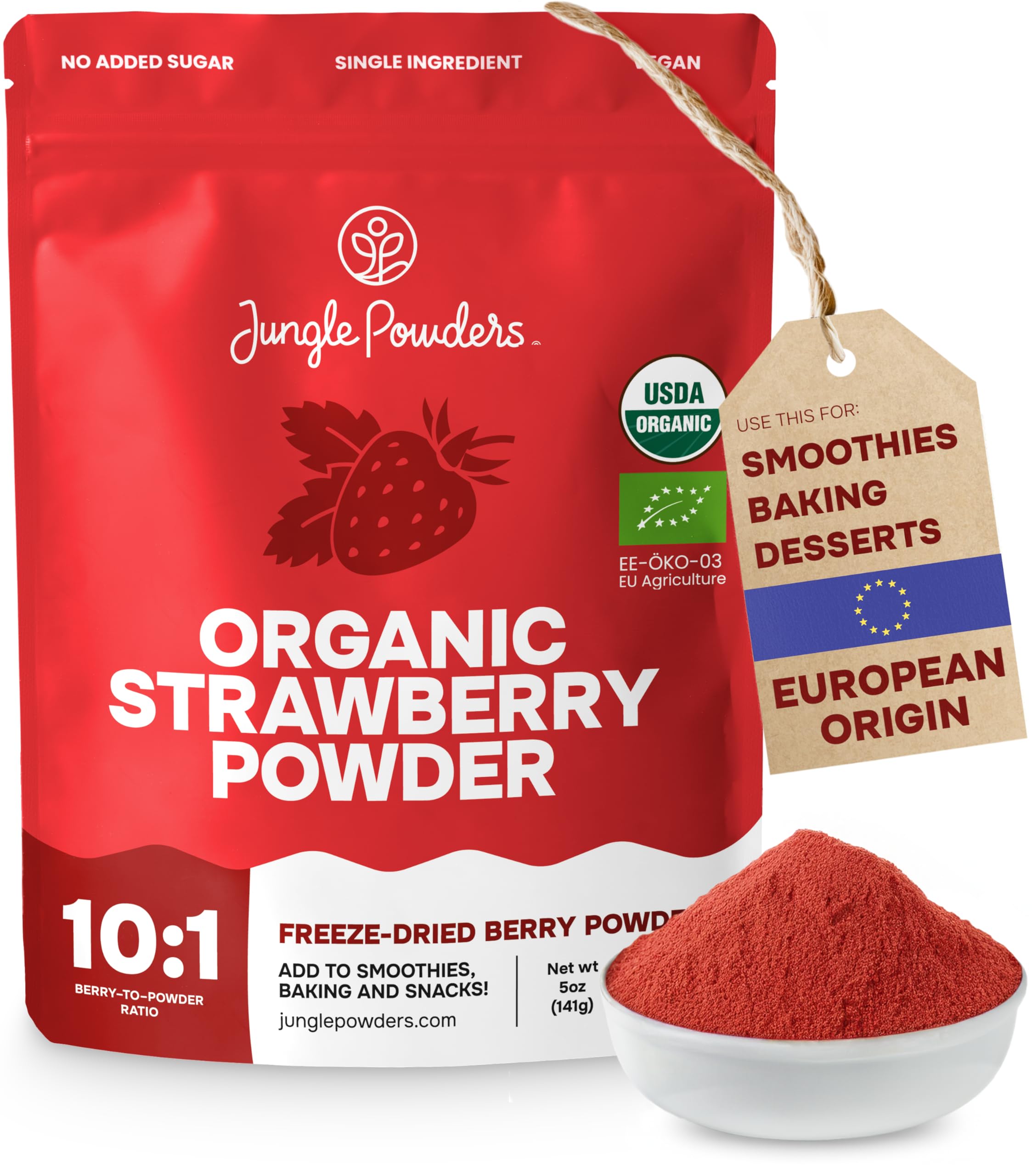 Jungle Powders Strawberry Powder Organic 5 Ounce Bag Freeze Dried Dehydrated Powdered Strawberries Strawberry Seasoning for Baking and Decorating Dry Fruit Extract
