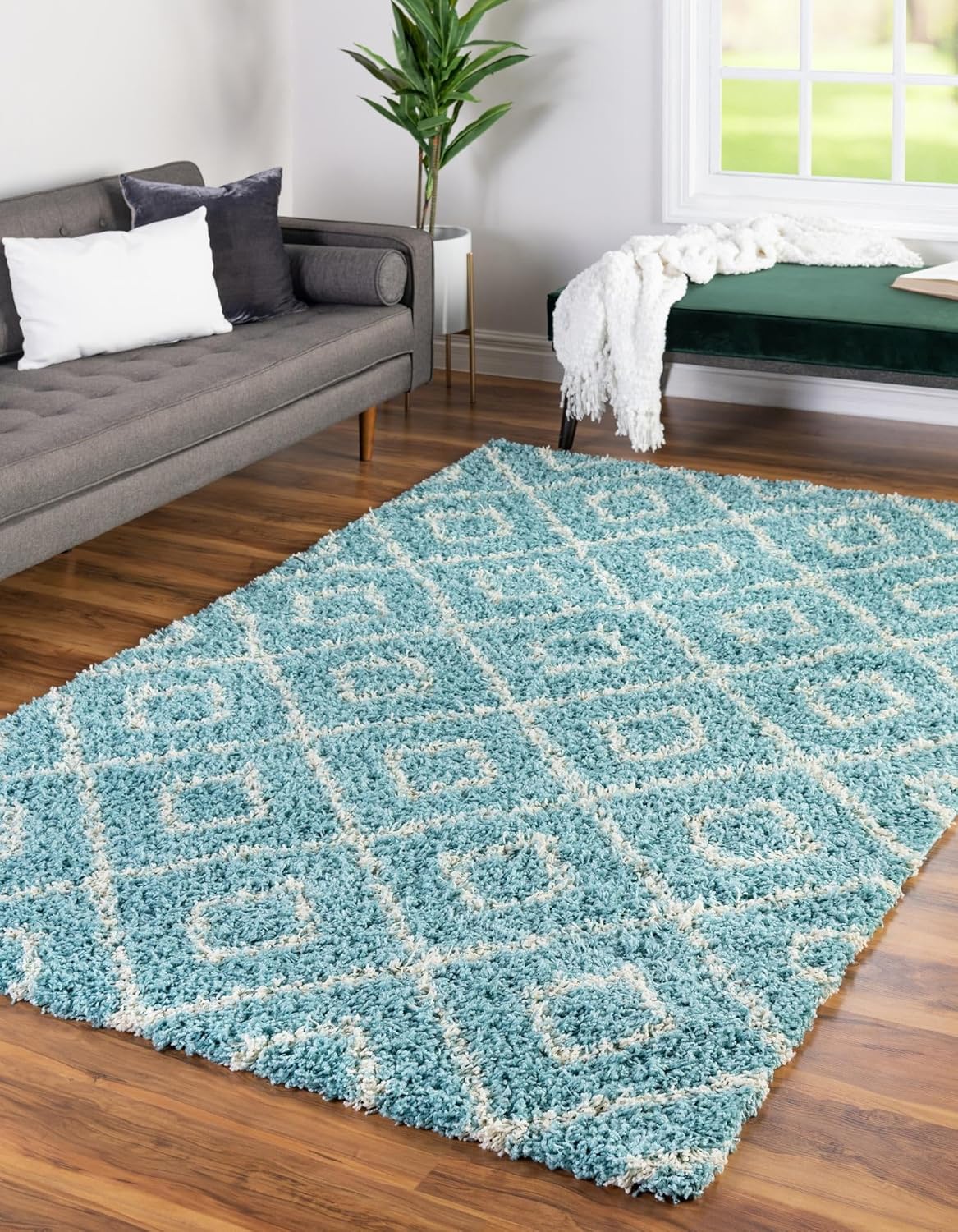 Rugs.com Lattice Shag Collection Rug – 9x12 Aqua Shag-Pile Rug Perfect for Living Rooms, Large Dining Rooms, Open Floorplans