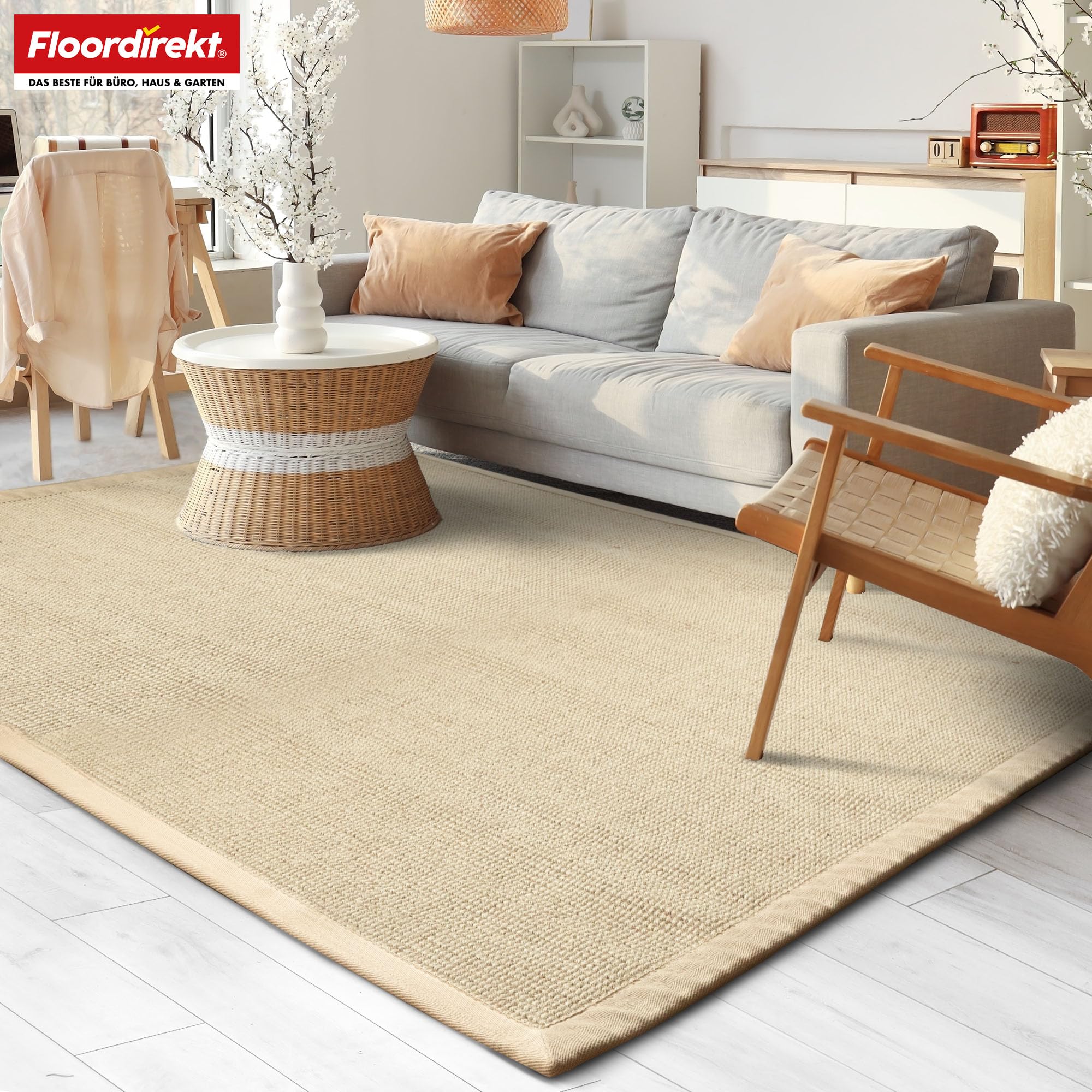 Floordirekt Sisal-Teppich Bombay 200x200 cm – Naturfaser Teppich mit Baumwollbordüre, Wohnteppich, Sisalteppich