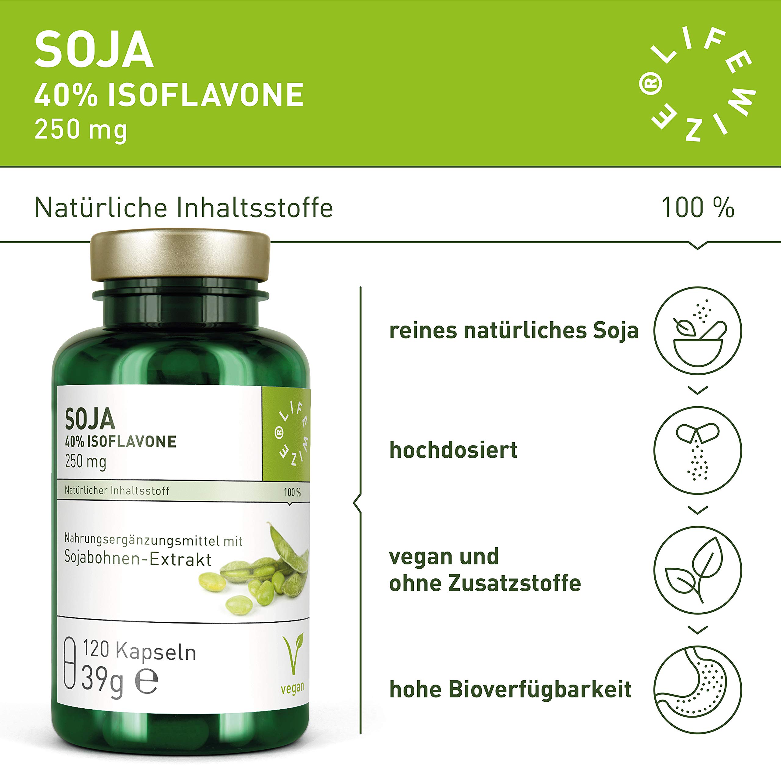 LifeWize® Soja Isoflavon Kapseln - 250mg - Echter Sojabohnen als 30:1 Extrakt mit 40% Isoflavone - 120 Kapseln - Vegan und ohne Zusatzstoffe