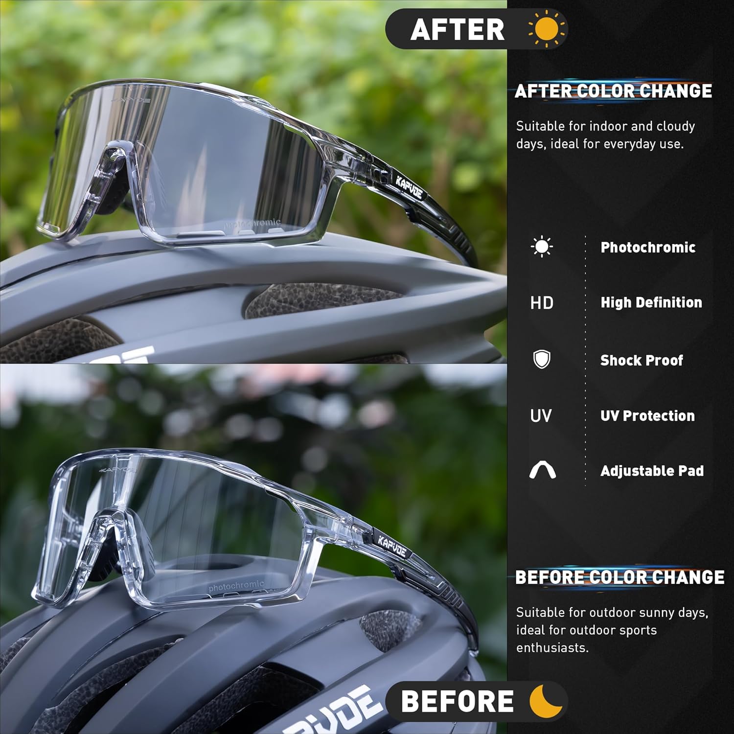 KAPVOE Photochromic Cycling Glasses for Men Women Sports Sunglasses Frame Discoloration HD Bike Glasses K76 - Image 4