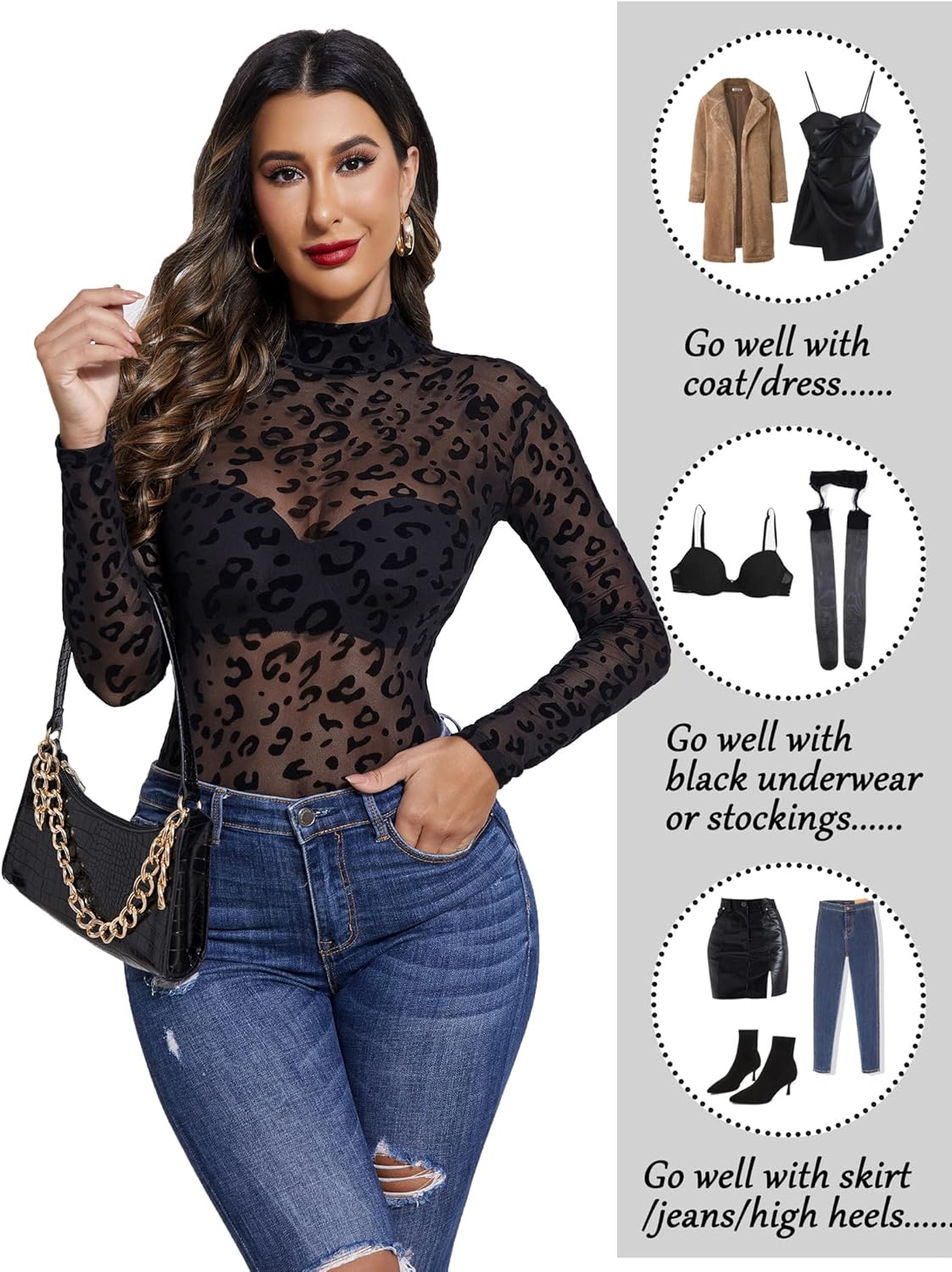 Avidlove Long Sleeve Bodysuit for Women Turtleneck Sheer Mesh Bodysuit Geo Print Leotards - Image 3