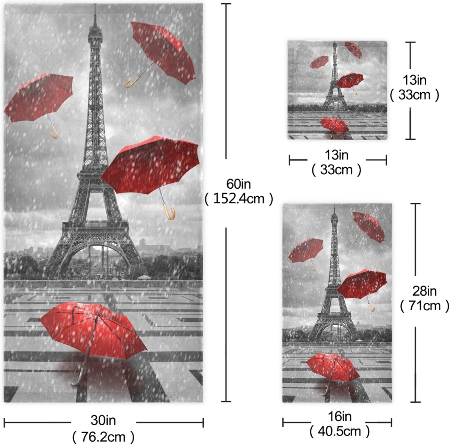 Naanle 3-Piece Towel Set,Paris Eiffel Tower Red Umbrella Bath Towel Sets, 1 Bath Towel, 1 Hand Towel, 1 Washcloth, Oil Painting France City Art Absorbent Soft Towels Quick Drying for Bathroom