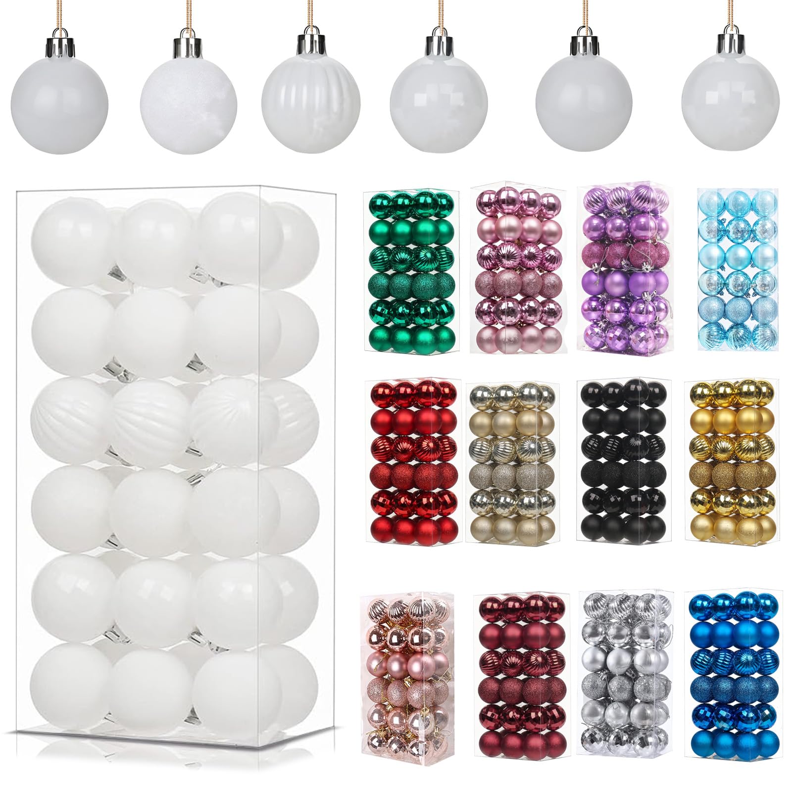 36Pcs White Baubles for Christmas Tree Decorations,40mm/1.57" Small Xmas Bauble Hanging Ball,Christma Balls Ornaments with String,Shatterproof White Christmas Baubles for Xmas Tree Holiday Party Decor