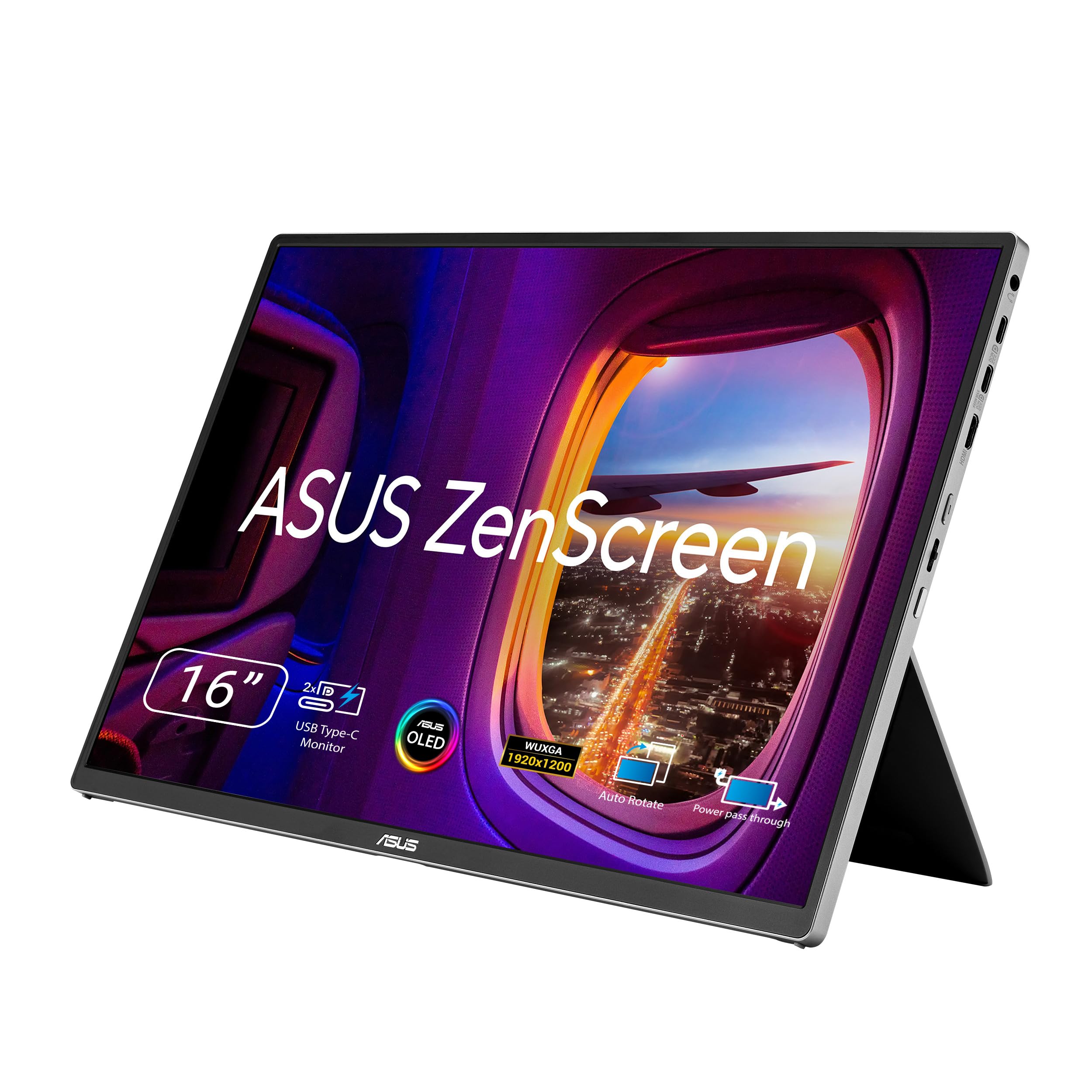 ASUS ZENSCREEN OLED MQ16FC, Monitor Portatile da 15, 6" WUXGA OLED, Nero | (1920 x 1200), 1ms (GTG), 60Hz, Auto Rotazione, Treppiede, USB-C, Mini-HDMI, Power Pass, Flicker Free, Low Blue Light