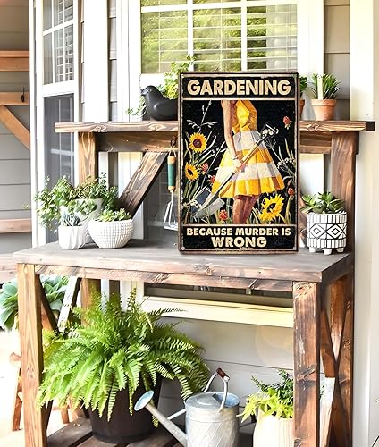 Miniatura 4 de Divertido letrero de metal con texto en inglés "Gardening Because Murder Is Wrong" regalo de jardín para mujer, para decoración de patio, patio y