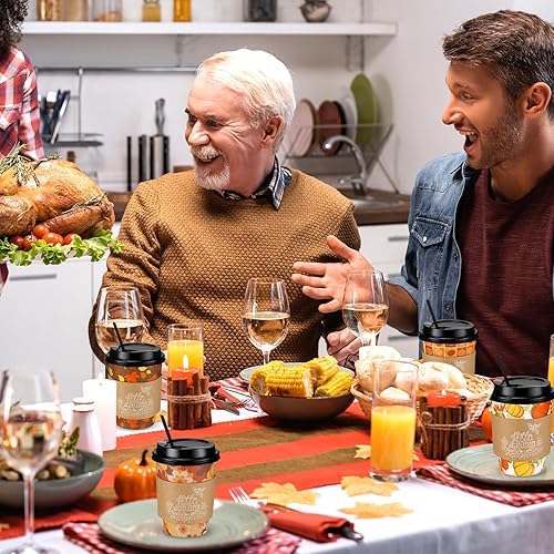 Miniatura 5 de Lallisa Juego de 100 tazas de café desechables de otoño, Acción de Gracias, con tapa, popotes, fundas de papel de otoño de 12 onzas, tapa de