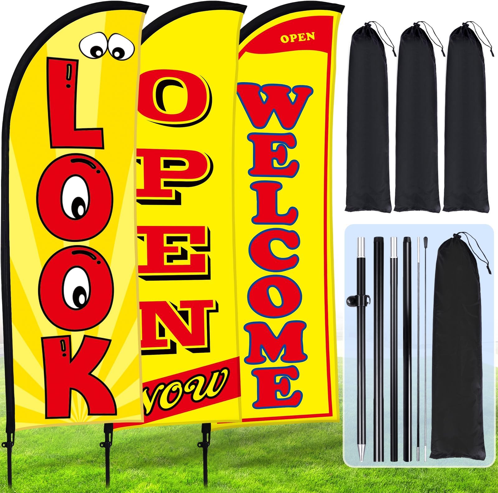 Buryeah 3 Sets Now Open Look Welcome Feather Flag Banners Advertising Sign for Business 7 Feet Tall Open Swooper Flag Sign with Fiberglass Pole Kit Rotating Ground Spike and Portable Bag (Yellow)