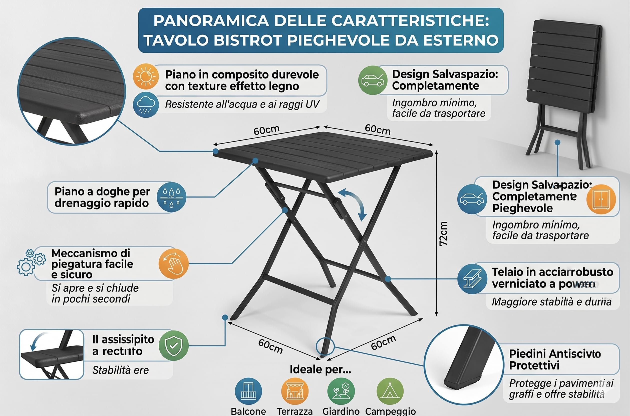 BERARDI B.INTERIORS Tavolino Pieghevole Bistrot, Antracite, Alluminio e HDPE, 61x61x74 cm, per Balcone e Terrazza