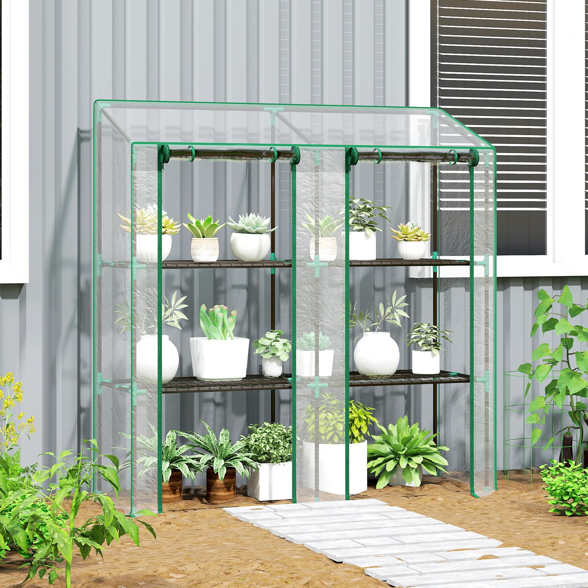 Outsunny Serra da Giardino 143x46x151cm con Struttura in Acciaio e Copertura Plastica, 6 Mensole a Rete, 2 Porte Avvolgibili, Serra per Orto Addossata per Verdure Fiori, Trasparente