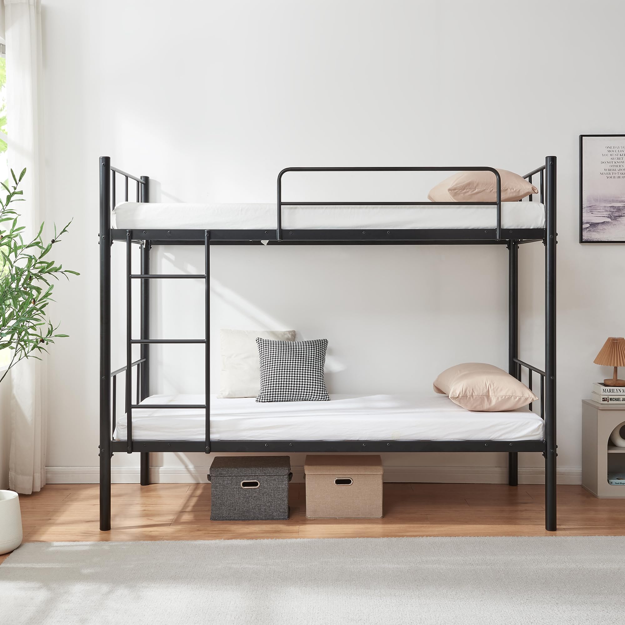 [en.casa] Letto a Castello a 2 Posti con Materassi a Schiuma Fredda 90x200 cm Struttura in Acciaio Scaletta e Sponda Barriera Anticaduta per Cameretta Ospiti Casa Vacanza - Nero