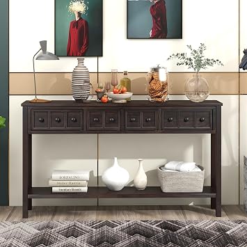 Rustic Entryway Console Table 60" Long Sofa Table with Different Size Drawers Bottom Shelf for Storage - Ideal for Entryway, Hallway, Dining Room Living Room, Espresso