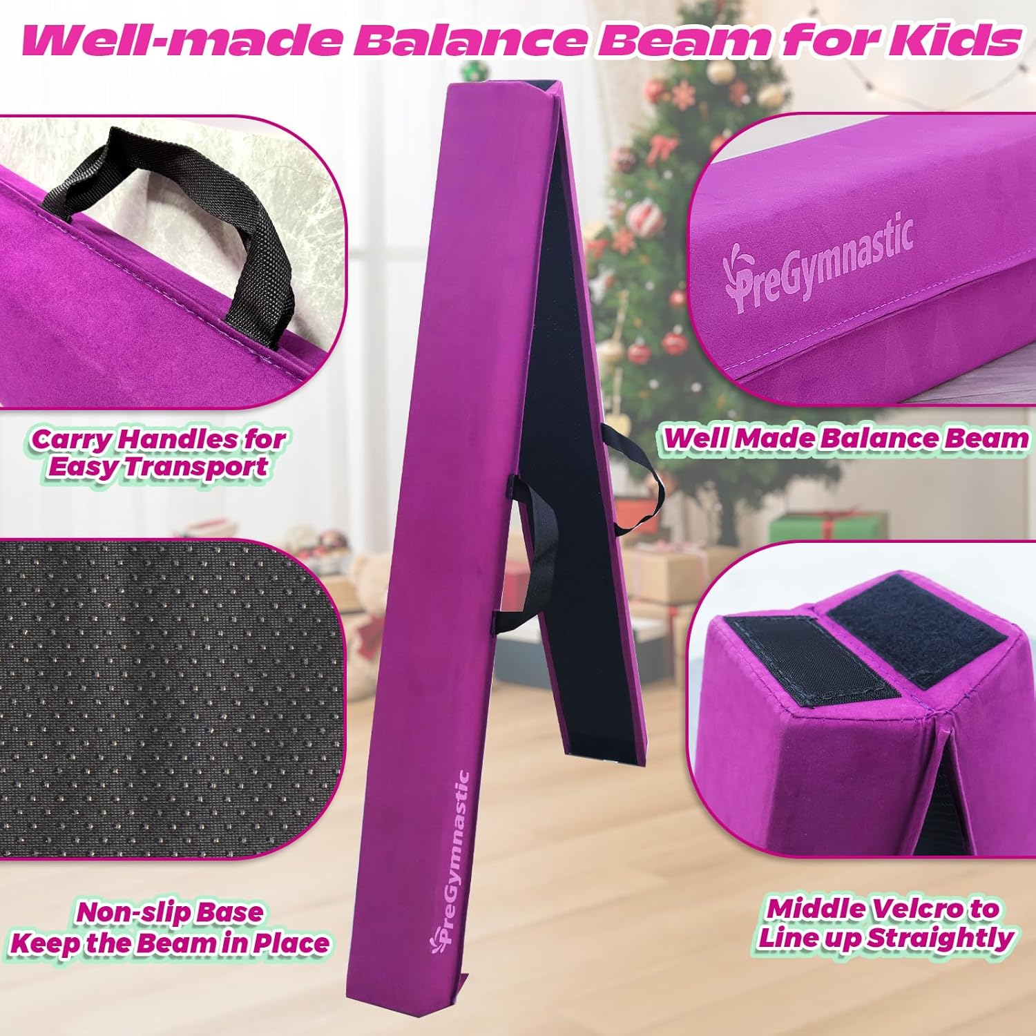 pregymnastic 6ft/8ft/9.5ft folding balance beam for kids ages 3-12, foldable gymnastics floor beam-extra firm suede cover with carrying bag for home-gym equipment for toddler teenager purple 9.5 ft