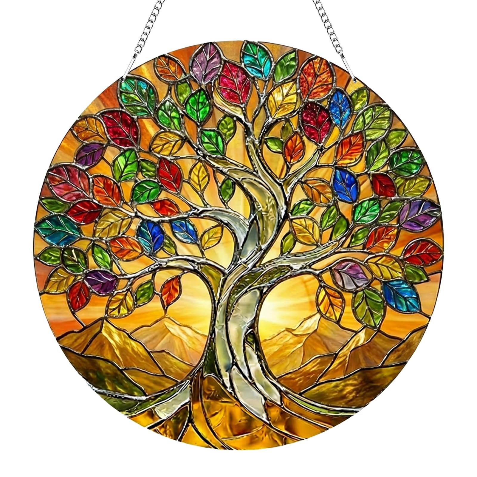 Tree of Life Sun Catchers for Windows, Acrylic Tree of Life Suncatcher, Stained Glass Hand-Painted Window Hanging Ornament, 2D Flat Hanging Garden Ornament Suncatchers for Home Window Wall Decoration