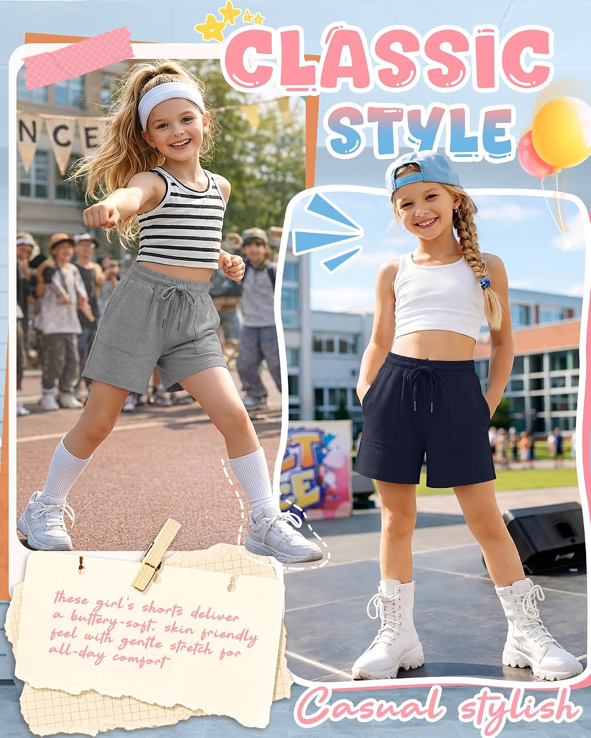 3 Pack Girl's Sweat Shorts Casual Athletic Shorts with Pockets Drawstring Summer Basic Loose Soft Kids