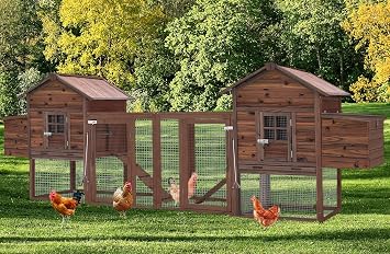Wooden Chicken Coop Large Walk-in Outdoor Hen House with Nesting Box and Run,Poultry Cage Rabbit Hutch Waterproof UV Panel Cover for 2-4 Chickens 80H Deep Brown #821 160" L x 21" W x 44" H