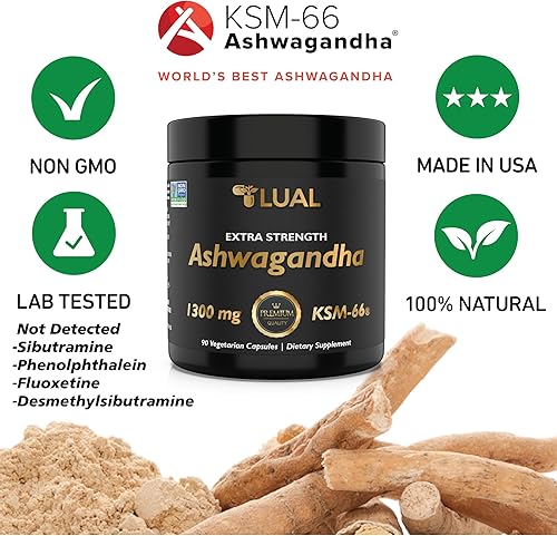 Miniatura 2 de LUAL Ashwagandha extra fuerte, 1300 mg, 90 cápsulas vegetarianas, suplementos dietéticos  Suplementos de Ashwagandha  KSM 66 Ashwaganda Extracto