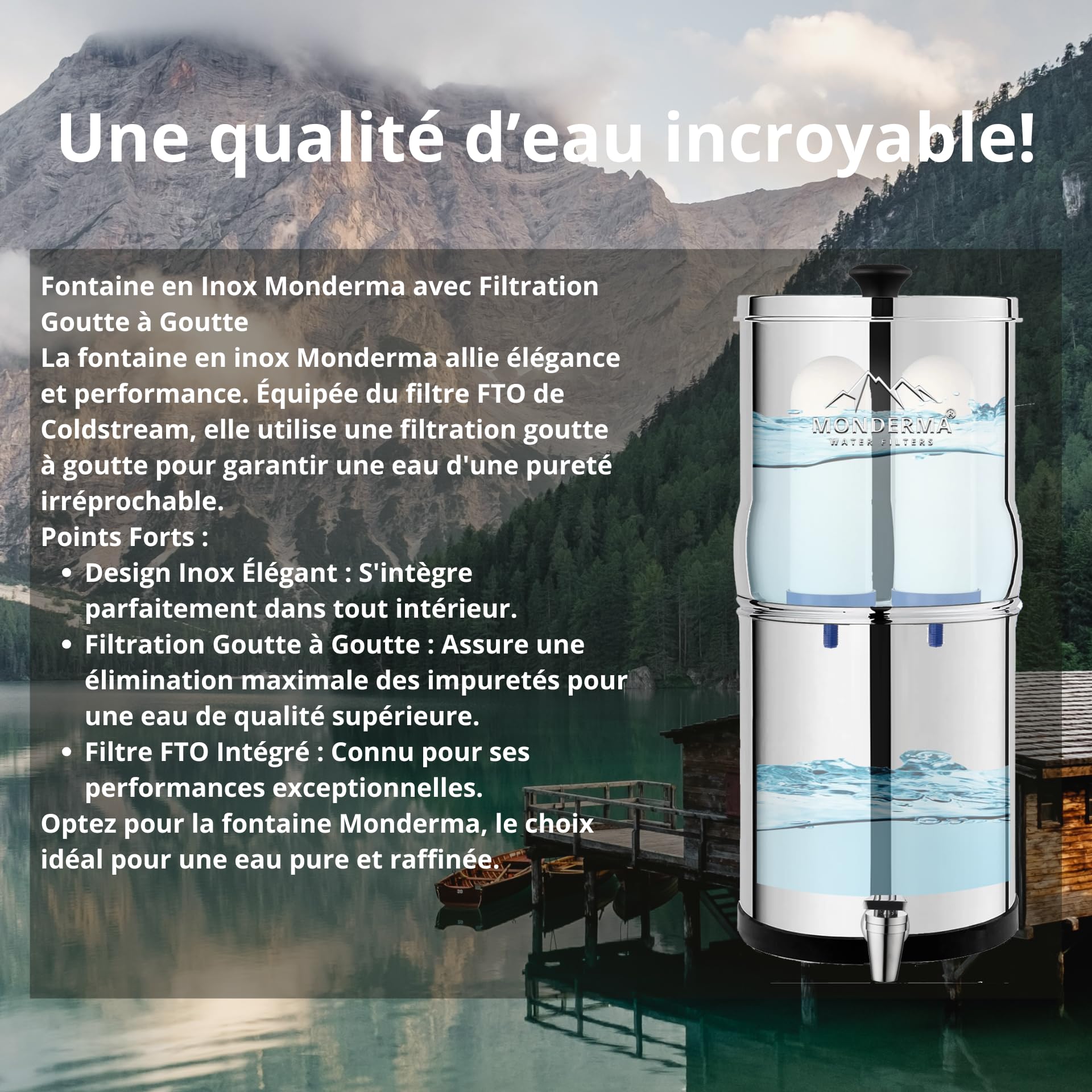 water filters Big 8.5 litres - système de filtration d'eau par gravité, avec 2 cartouches filtrantes FTO+ coldstream certification NSF/ANSI, robinet100% inox.