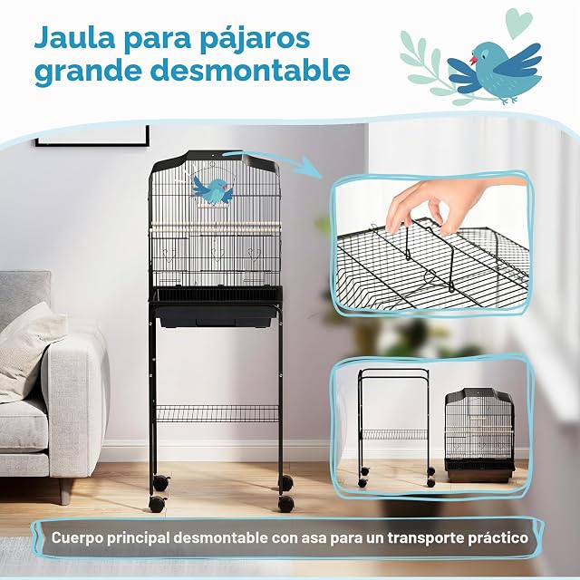 Foto 4 de 8 de PawHut Jaula para pájaros con Soporte y Ruedas 46,5x36x124cm Negro
