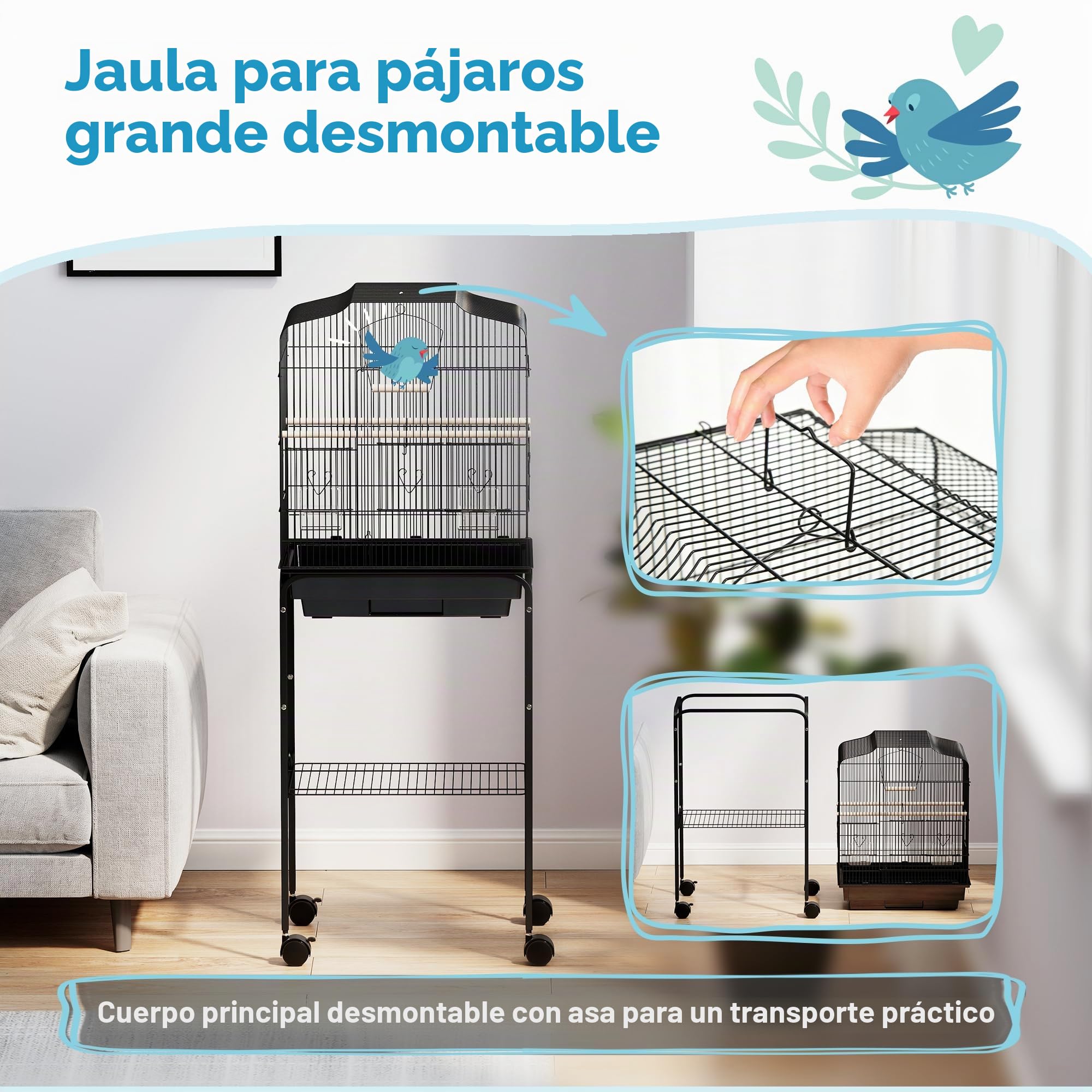 PawHut Jaula para pájaros para periquitos con ruedas de soporte, color negro, 46,5 x 36 x 124 cm | Jaulas para periquitos, para pinzón canario, bandeja deslizante, estante de almacenamiento de accesorios