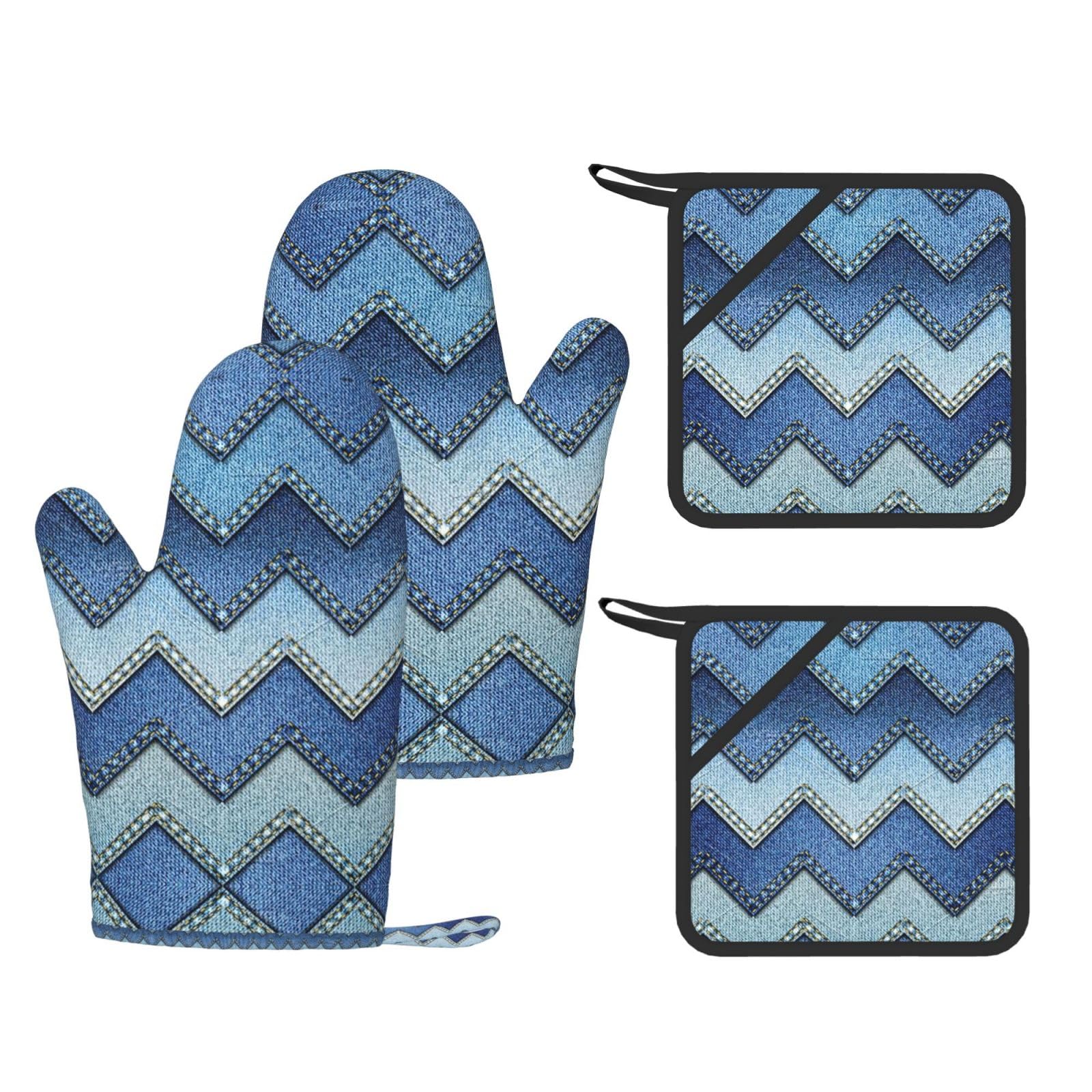 Gradient Blue Denim Printed Cooking Mitts and Pot Holders 4 Pcs, Heat Resistant Oven Gloves with Hanging Loop Chef