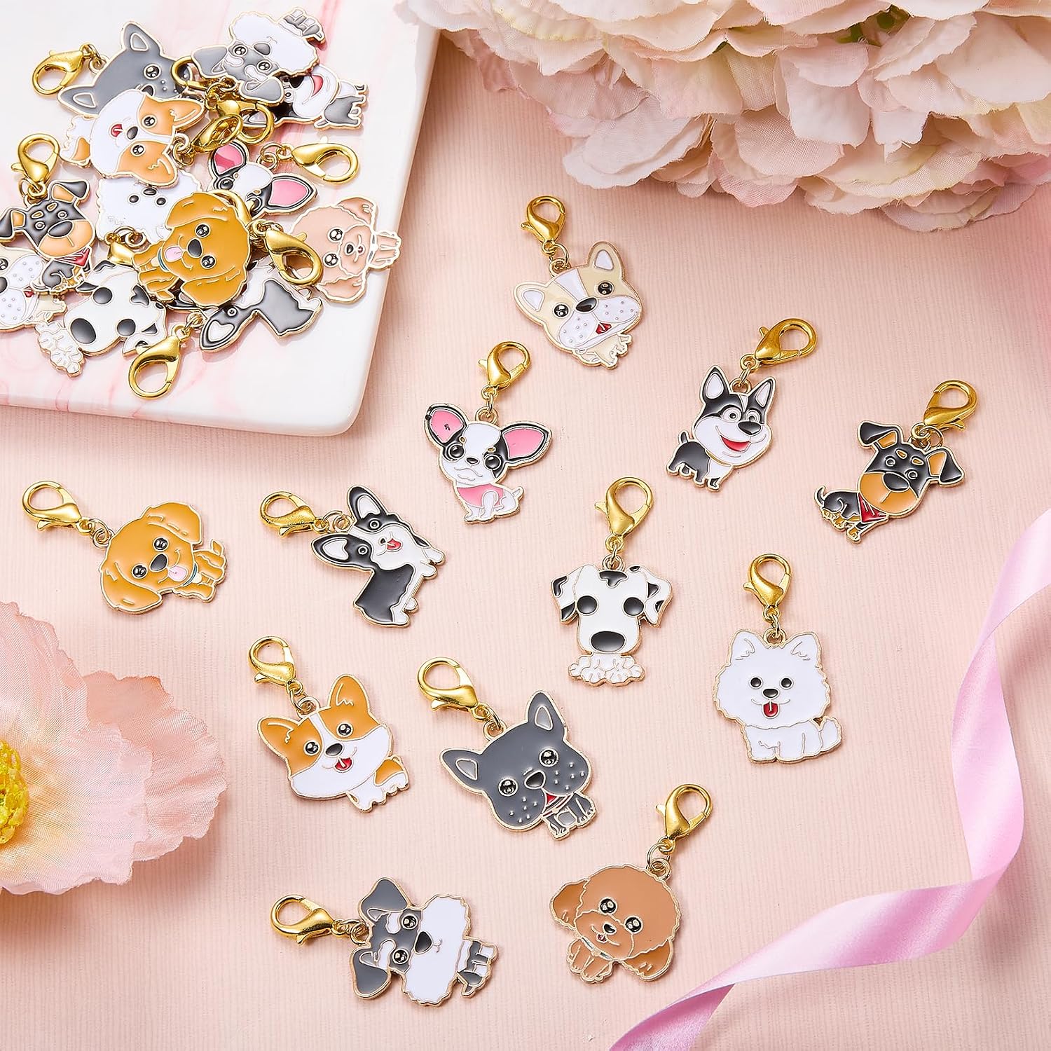 Animal Dog Clip on Charms Bag Purse Keychain Charms for Jewelry Making Alloy Enamel Bracelets Stitch Markers