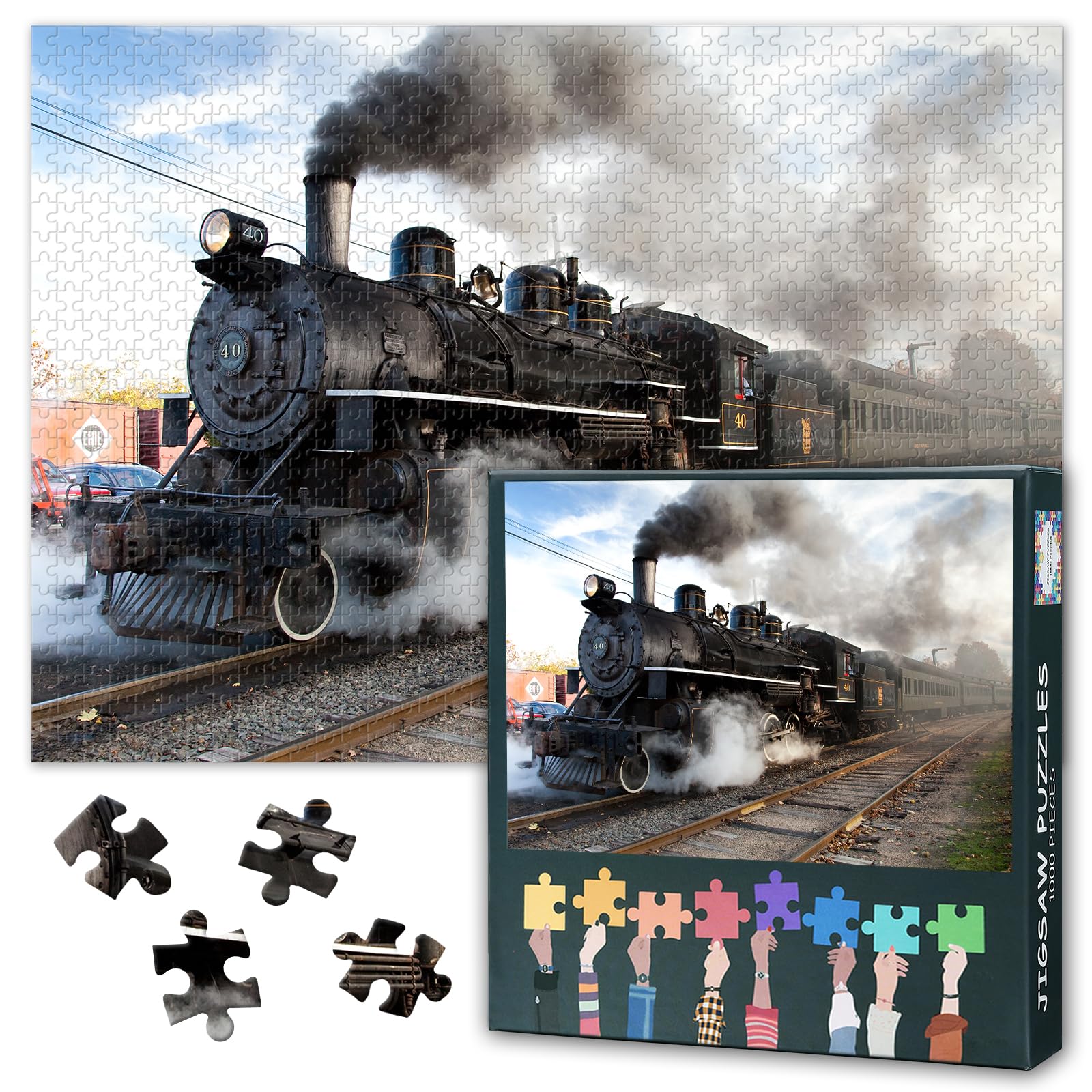 1000 Piece Jigsaw Puzzle for Adults Black and White Vintage Steam Train Artwork Retro Railway Posters HD Print Style Monochrome Wall Decor for Home Office 27.5x19.7 Inch