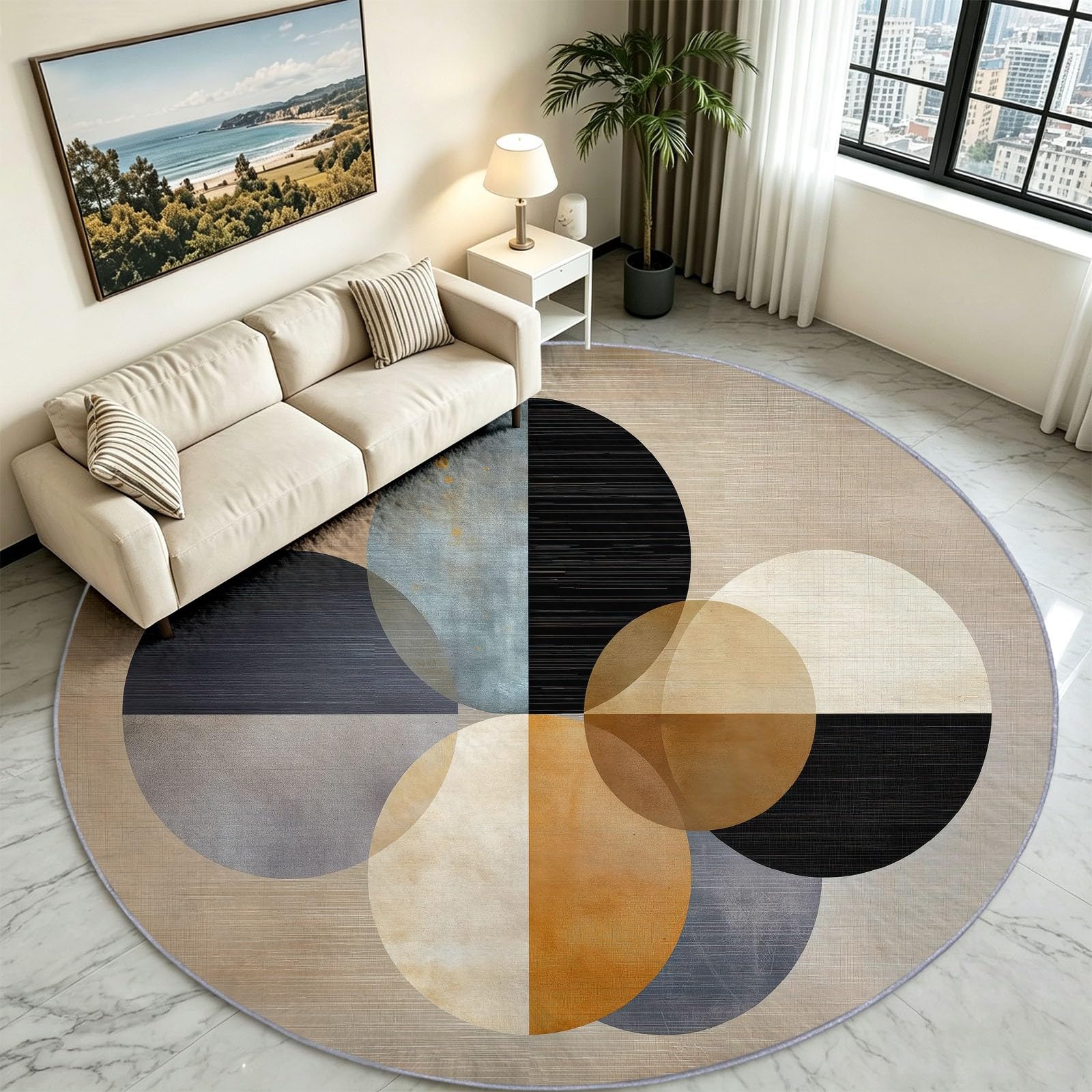 Tapis Enfant Rond Chambre d'enfant Filles Garçons, Geometrique Vintage Tapis Rond Lavable & Antidérapant pour Salon Chambre Cuisine Salle à Manger Chambre (160 cm, Lignes Circulaires)