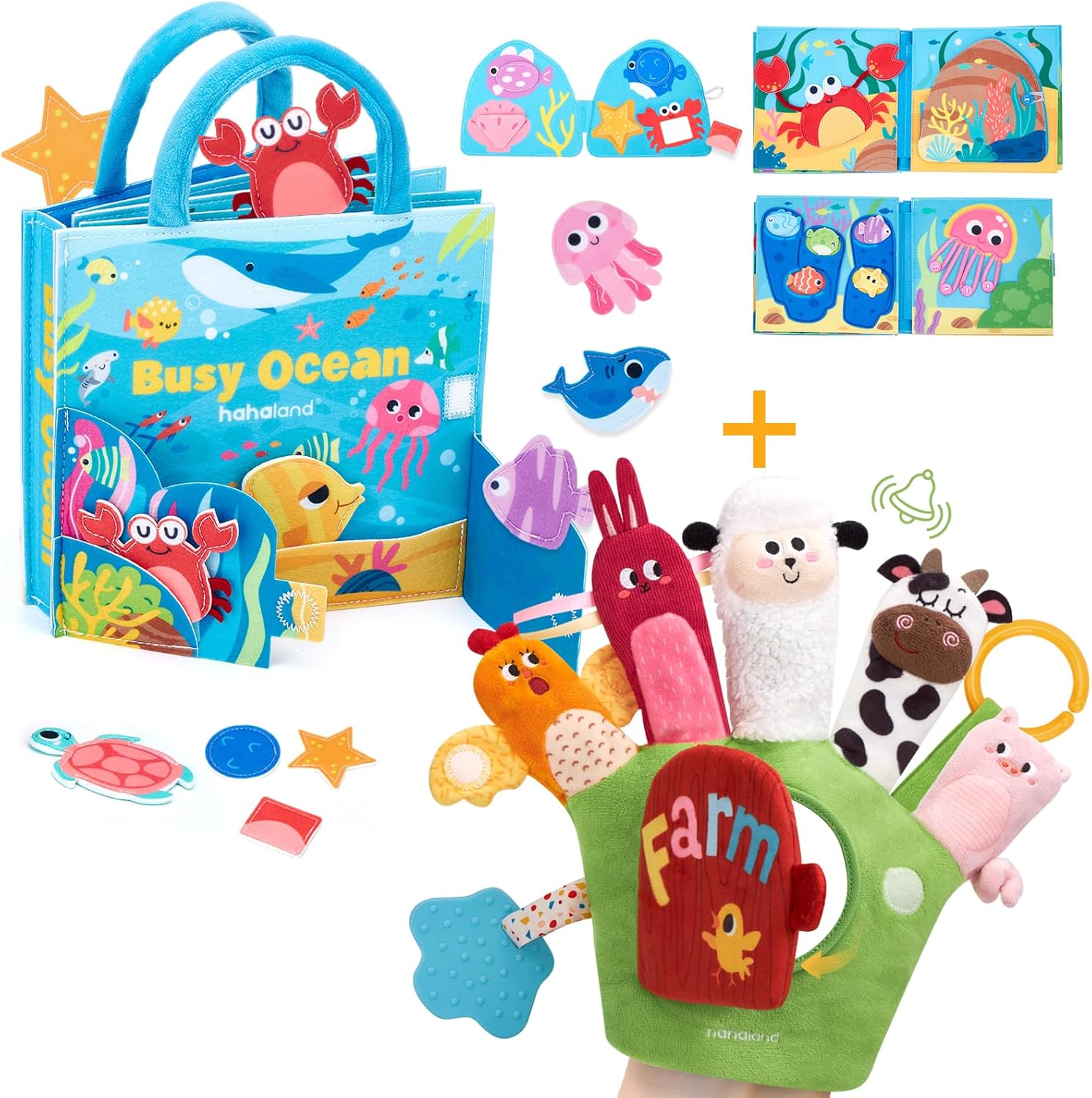 hahaland for Montessori Toys for Toddlers 1-3, Ideal Birthday Montessori Farm Animal Hand Puppets &Ocean Busy Book for Toddlers