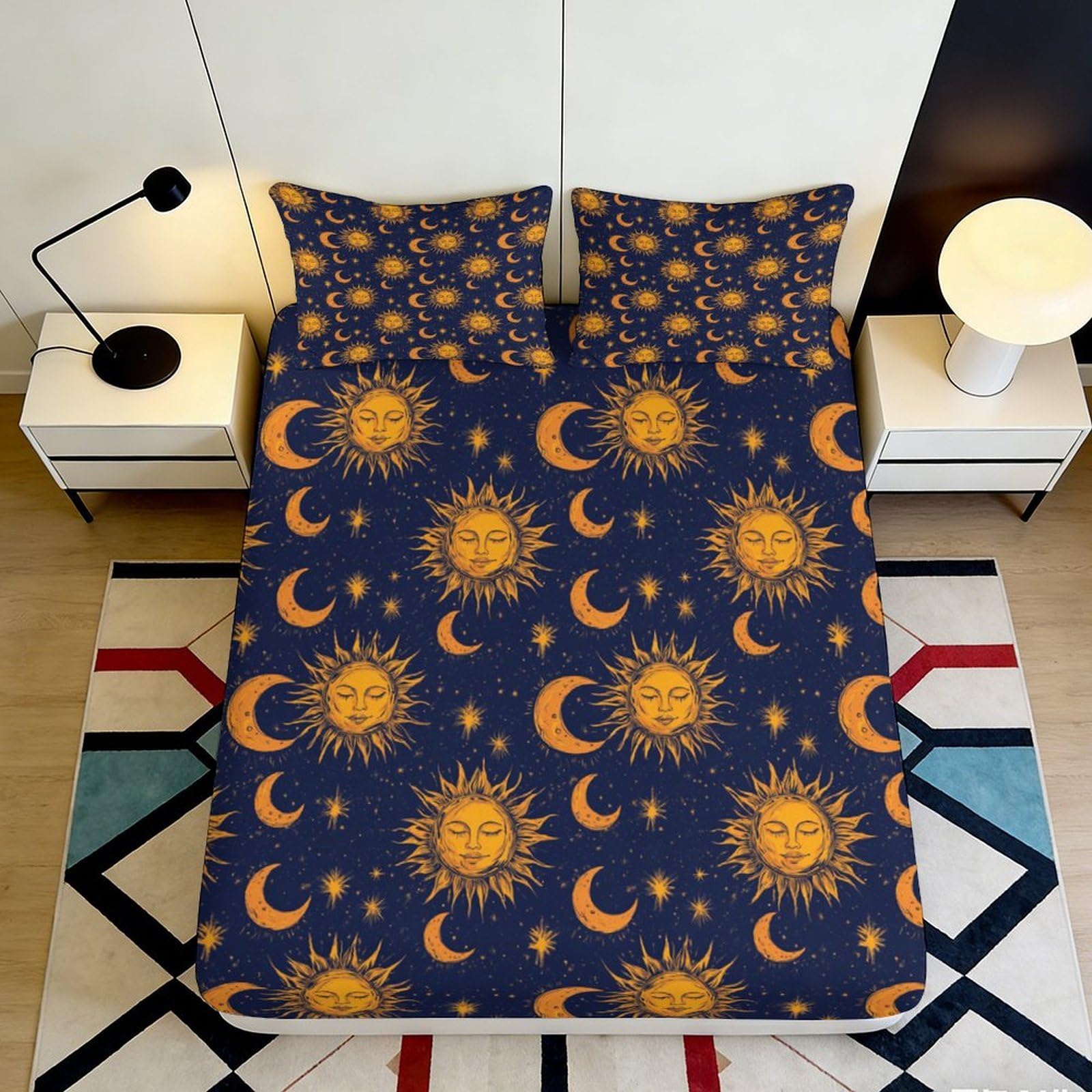 3D Printed Sun Moon Stars Fitted Sheet Microfiber Soft Breathable Celestial Mattress Cover for Bedroom Dormitory Guest Room Mattress Protection Decor 140x200x25cm