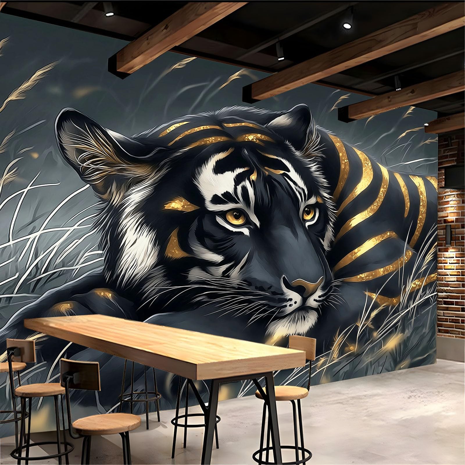 Tapeta fantazyjne zwierzę czarny tygrys złote paski 300 x 210 cm zdjęcie plakat mural tapeta, zrób to sam sztuka ścienna mural tapety, do salonu sypialni przedszkola tło telewizora wystrój domu