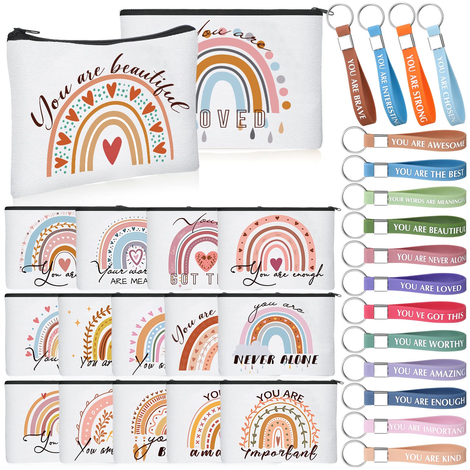 Hillban 32 Pcs Canvas Cosmetic Bag Bulk with Inspirational Quote Keychains Women Canvas Makeup Bag Graduation Gift Travel Toiletry Coin Pouch for Graduation Mother's Day Birthday Party(Rainbow)