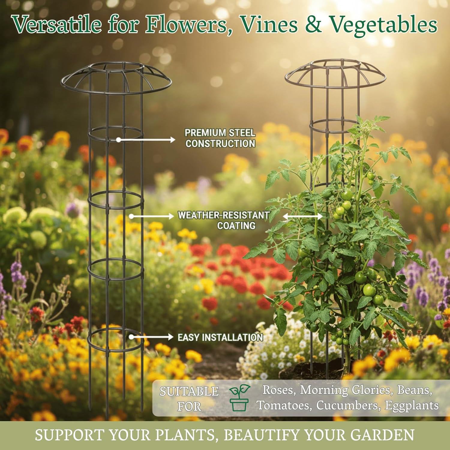Garden Obelisk Trellis for Climbing Plants Outdoor | 64 Inch Mushroom Top Trellis for Potted Plants, Vines, Roses, Clematis | Rustproof Plastic Coated Metal Plant Support Indoor Outdoor for Vegetables