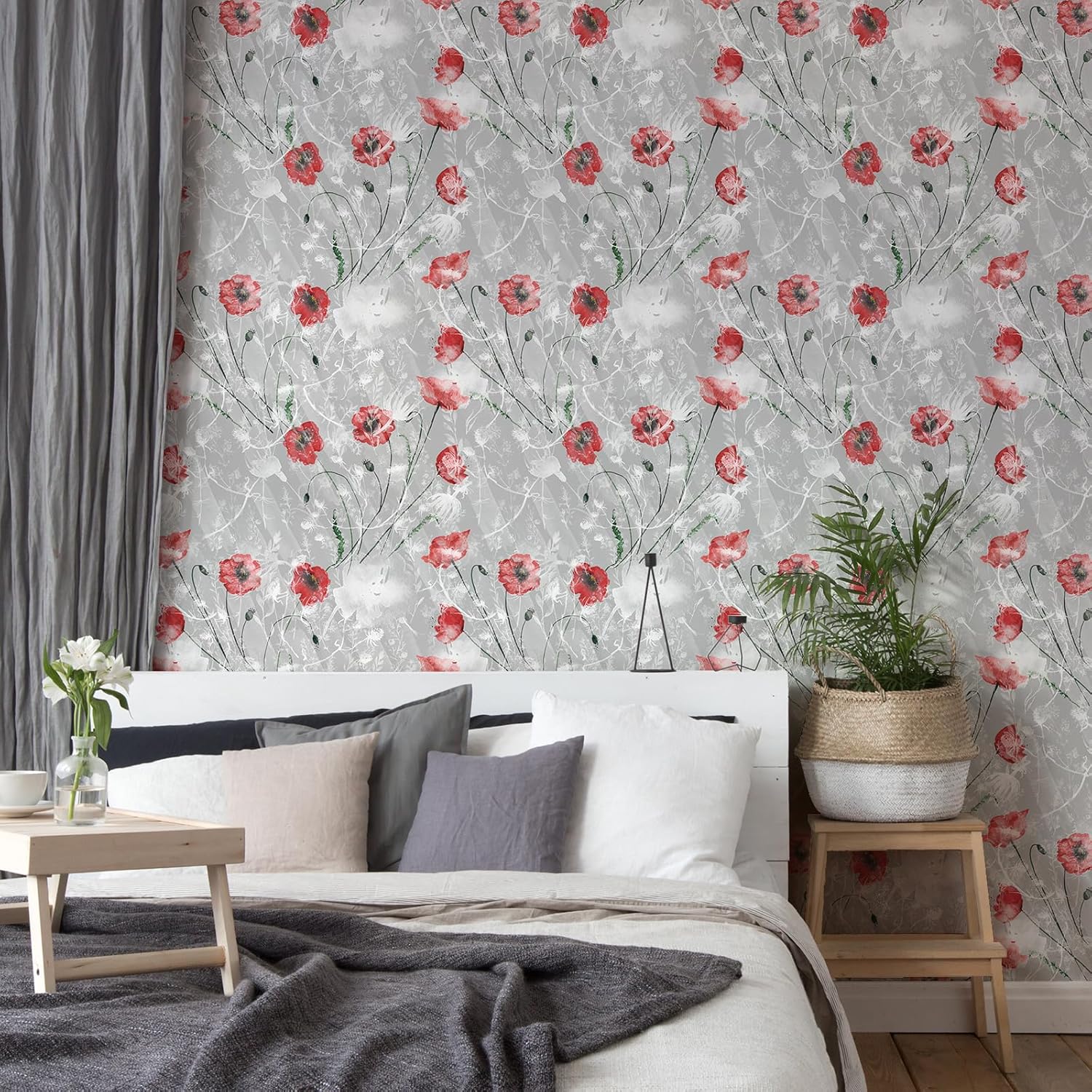 VaryStyle 17.7"x393" Poppy Wallpaper Retro Grey/Red Poppy Floral Peel and Stick Wallpaper for Bedroom Bathroom Waterproof Floral Wall Paper Self Adhesive Grey Contact Paper for Shelves Drawer Walls