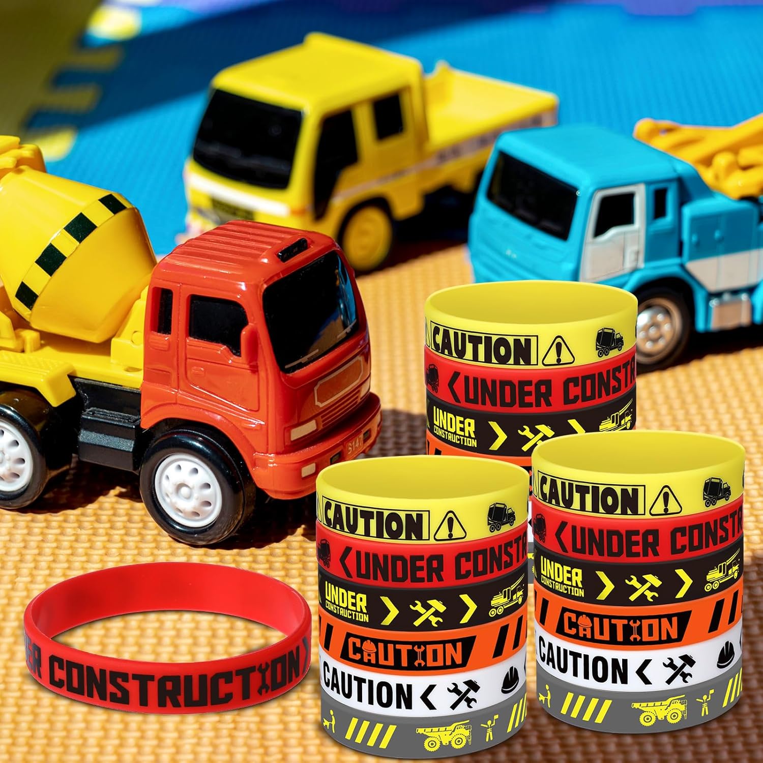 Kasyat 24 Pieces Construction Party Favors, Under Construction Rubber Wristbands Bracelets Tractor Dump Digger Vehicle Goodie Bags Stuffers for Construction Truck Theme Party Gift Decoration