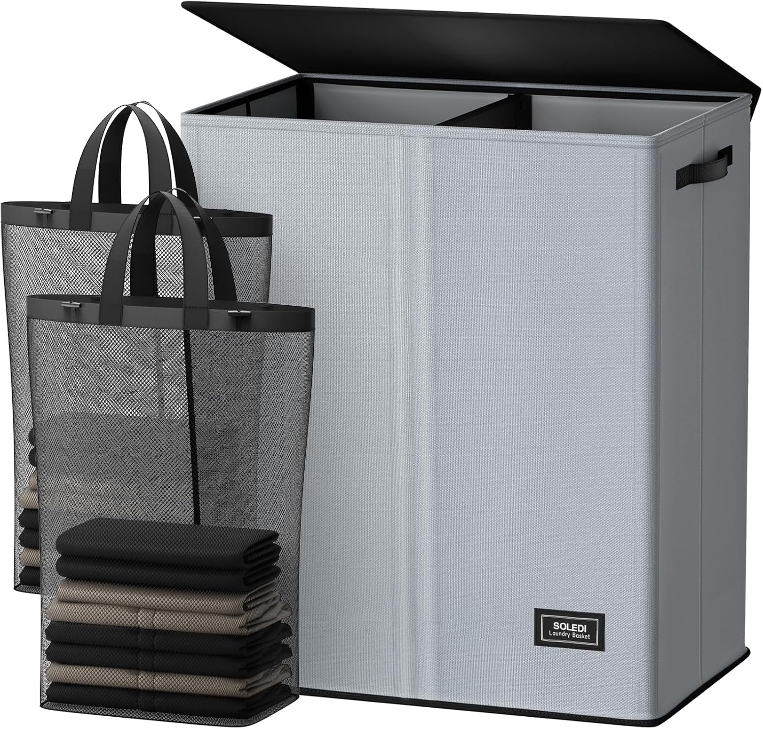 SOLEDI Luxury Double Laundry Hamper with Lid and Handle, Laundry Basket 2 Section with Removable bag, Collapsible Dirty Clothes Hampers for Laundry, Bedroom, Dorm, College, 145L, Light Grey