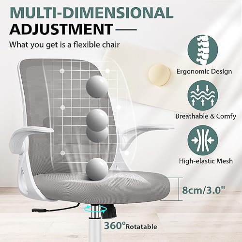 Miniatura 5 de Silla de oficina ergonómicas con soporte lumbar y brazos abatibles, cómoda silla ejecutiva de malla transpirable con tarea giratoria, altura