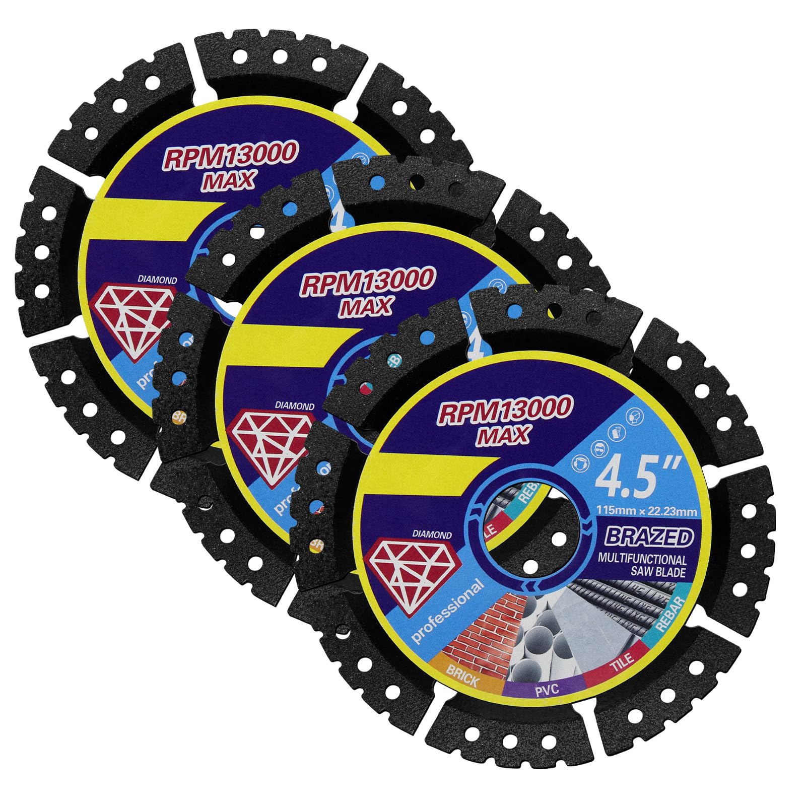3Pcs Diamond Cutting Blades for Lozlin, Multi-Purpose Saw Cutting Blades for Angle Grinder, Heavy Duty Cutting Disc for Tile, Marble, Metal & Plastic, 4.5" Stainless Steel Welded Sand, Wet or Dry Use