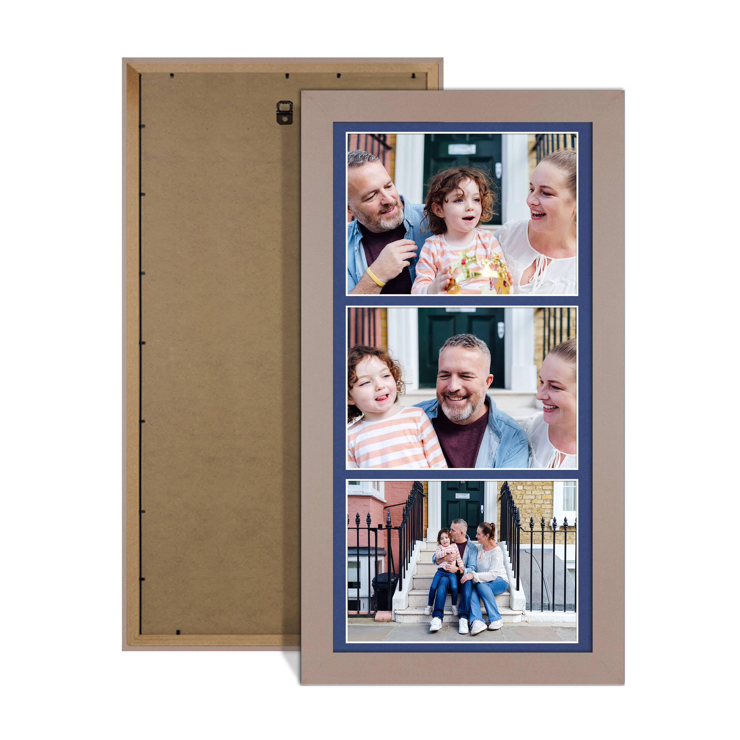 Alison Kingsgate Rose Gold 16x8 Photo frames for multiple pictures- Collage Frame for 3 Pictures With Blue Mount - Holds (3x) 7x5 Photos - Engineered Wood & Perspex — image 1