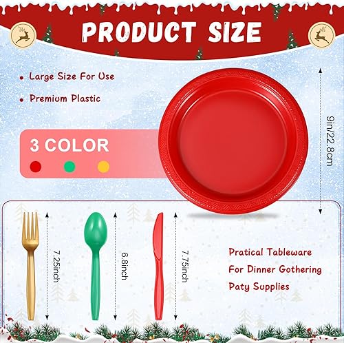 Miniatura 2 de Juego de 240 platos de plástico desechables de Navidad, incluye 60 platos de plástico para fiestas, 60 cuchillos, 60 tenedores, 60 cucharas para 60
