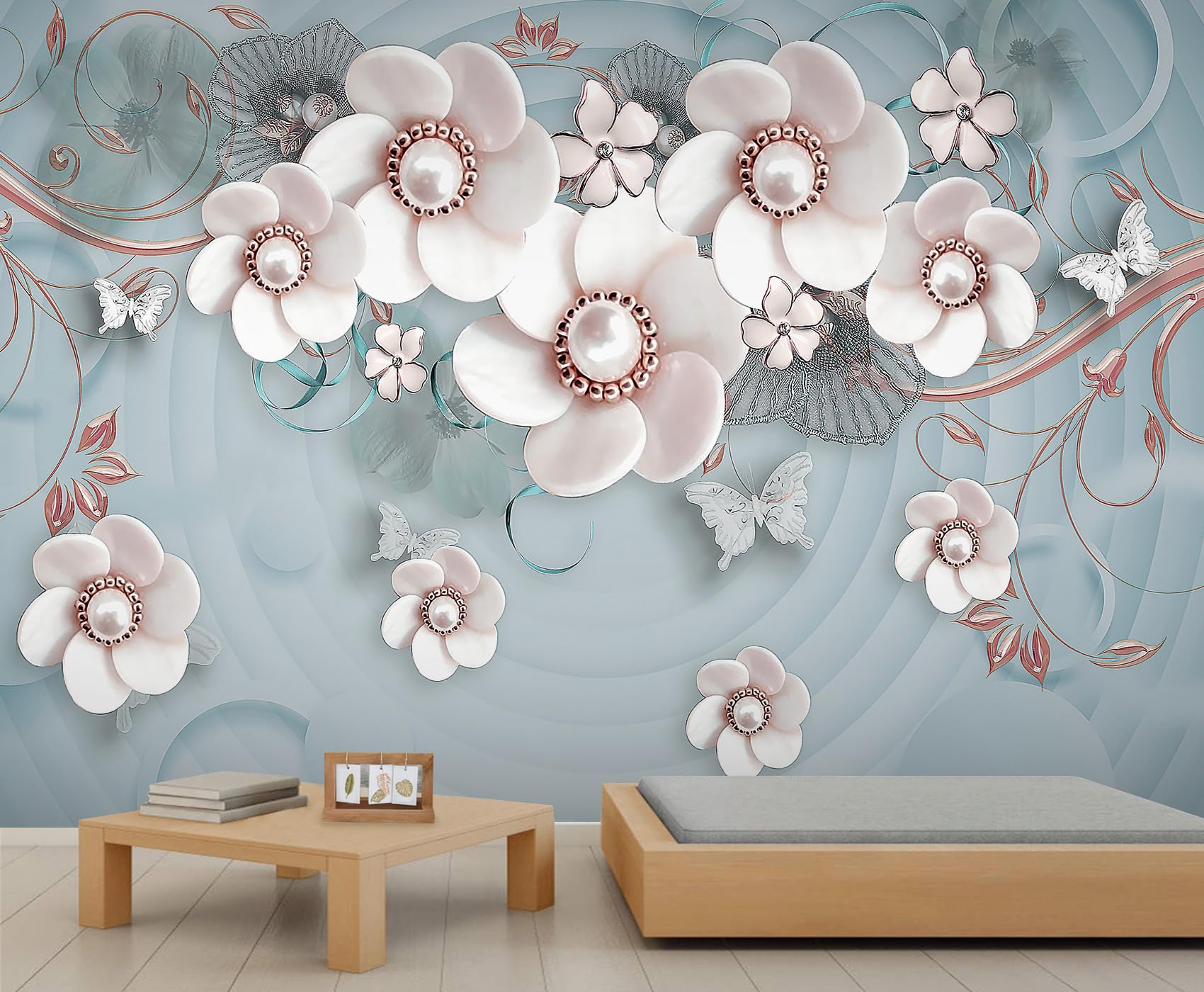 Orchid Floral Mural Pearl-Embellished Floral Murals White Butterfly Flowers Wallpaper Nature-Inspired Decor Wallpaper for Bedroom Kitchen Offices 430 x 300 cm