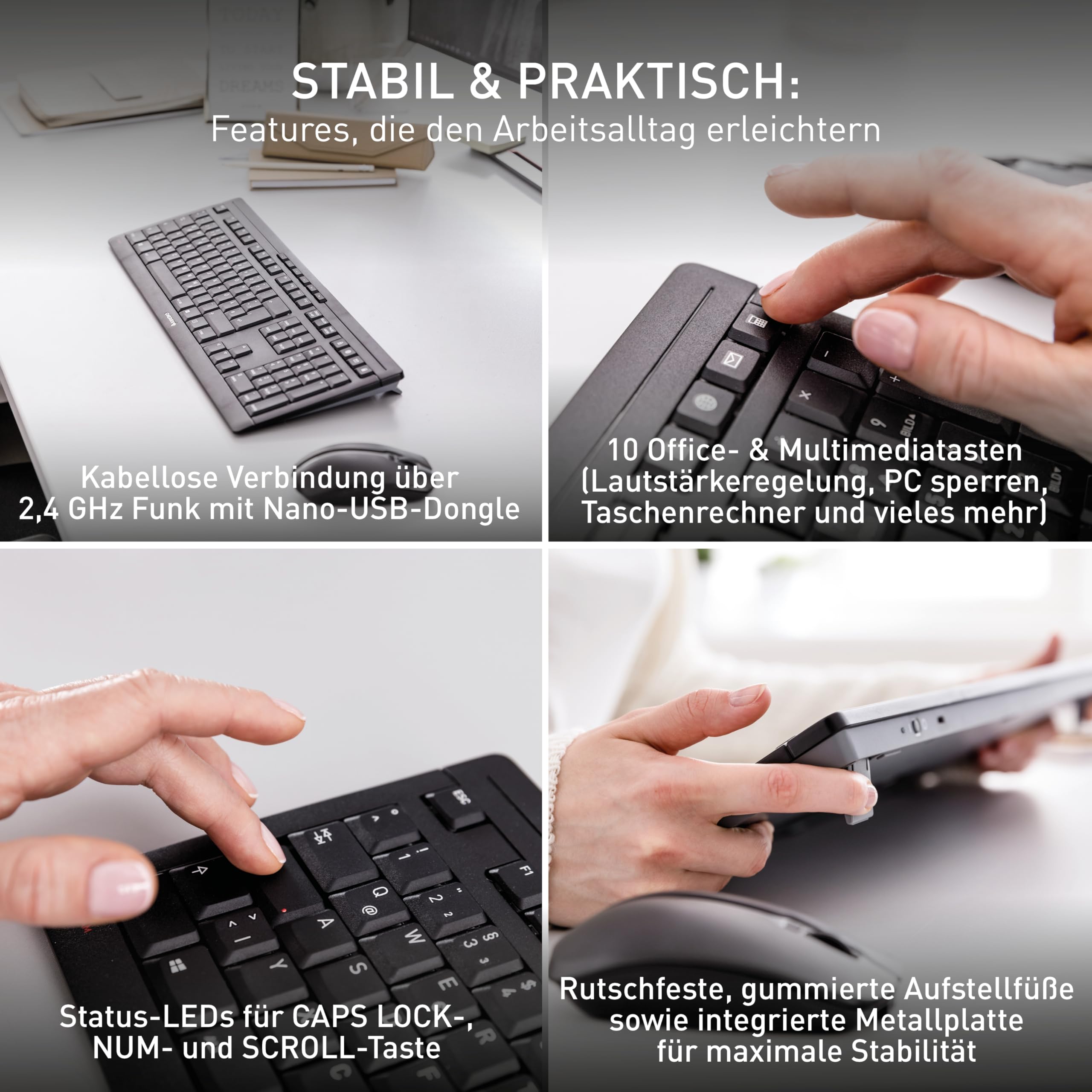 CHERRY Stream Desktop Recharge, Kabelloses Tastatur-Maus-Set, Deutsches Layout (QWERTZ), 2,4 GHz Funk, Leiser Tastenanschlag, Wiederaufladbar, Schwarz