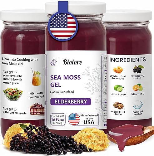 Biolore Wildcrafted - Gel de musgo marino – Baya de saúco de 16 onzas – Gel de musgo marino saborizado con vitaminas esenciales y minerales traza –